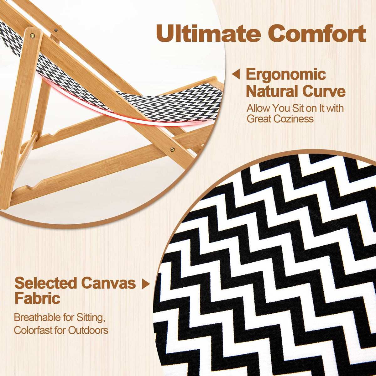 Folding Bamboo Sling Chair, 3-Position Backrest, Canvas