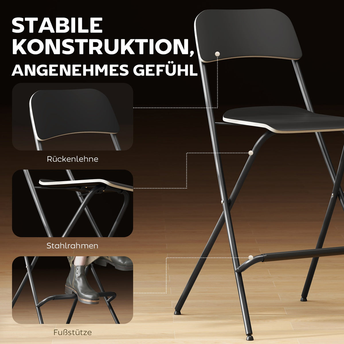 Folding Bar Stools Set of 2, Black Steel Frame, 120kg Capacity