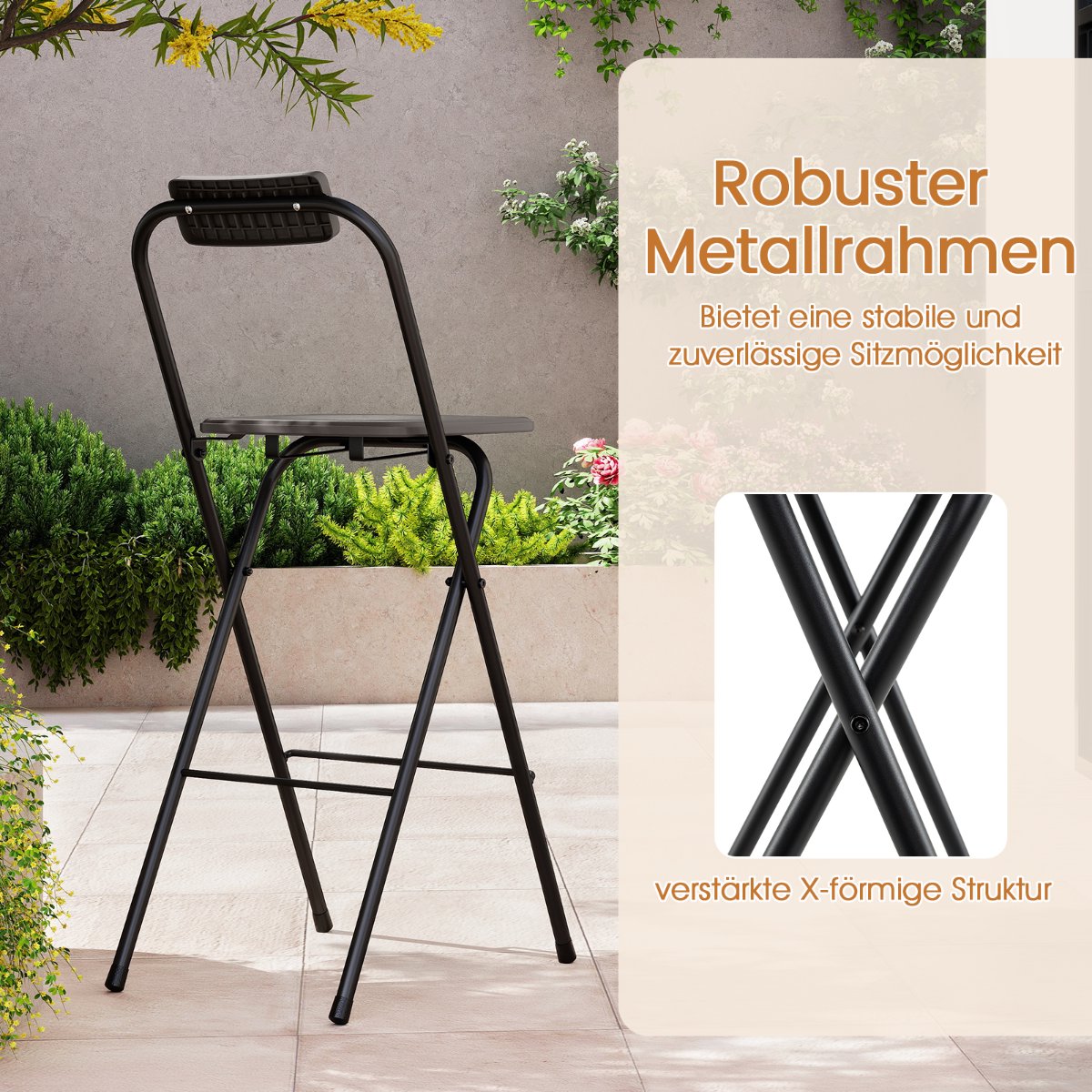 Folding Bar Stools Set of 2 with Backrest, 150kg Capacity, Gray