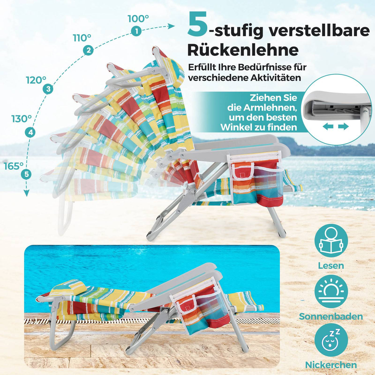 Folding Beach Chair Set, Adjustable Backrest, Blue Stripes