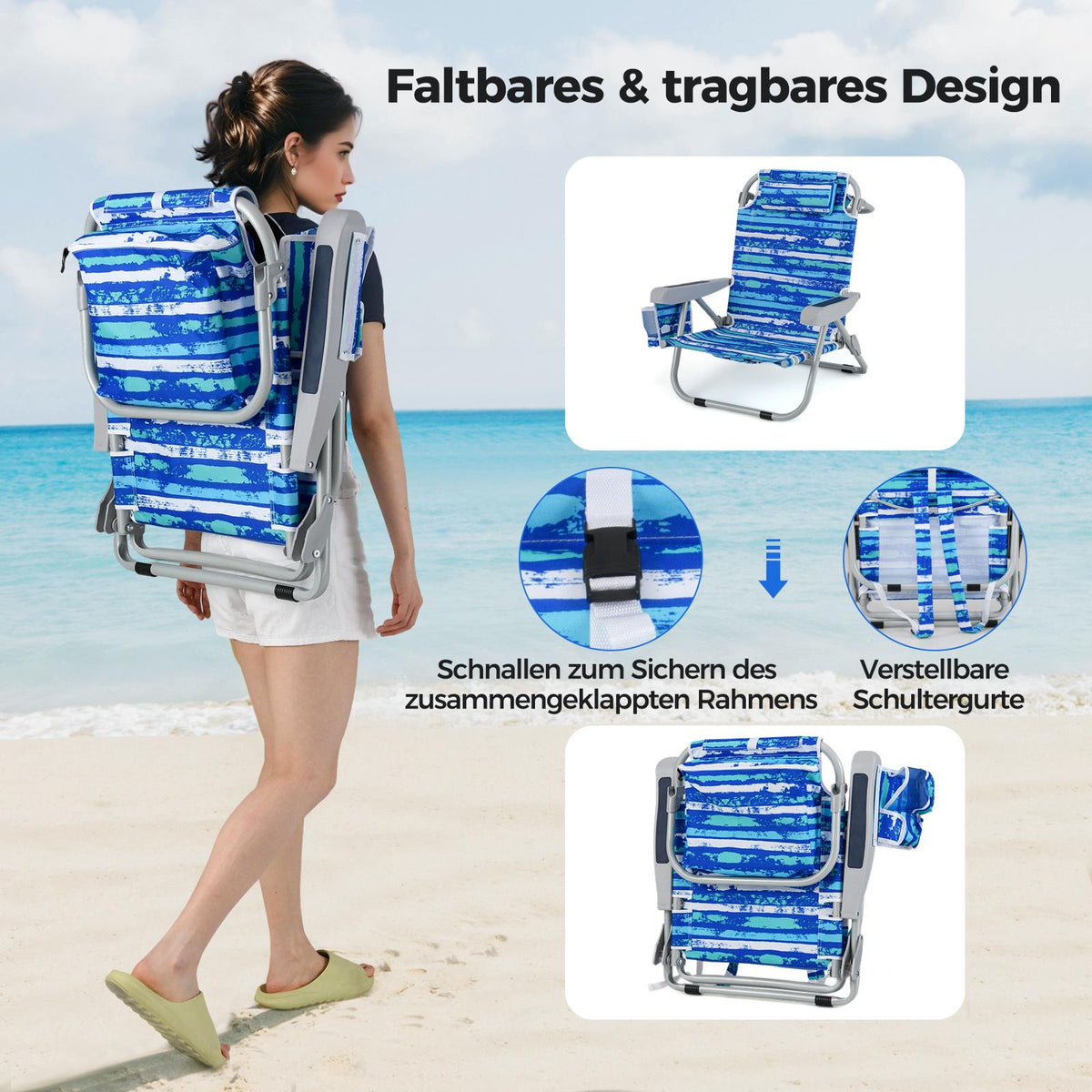 Folding Beach Chair with Adjustable Backrest, Blue Stripes