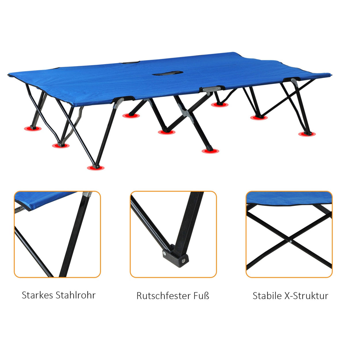 Folding Camping Bed For 2 People, Camp Bed With Carry Bag, Up To 136 Kg, Steel Oxford, Blue + Black, 193X125X40Cm