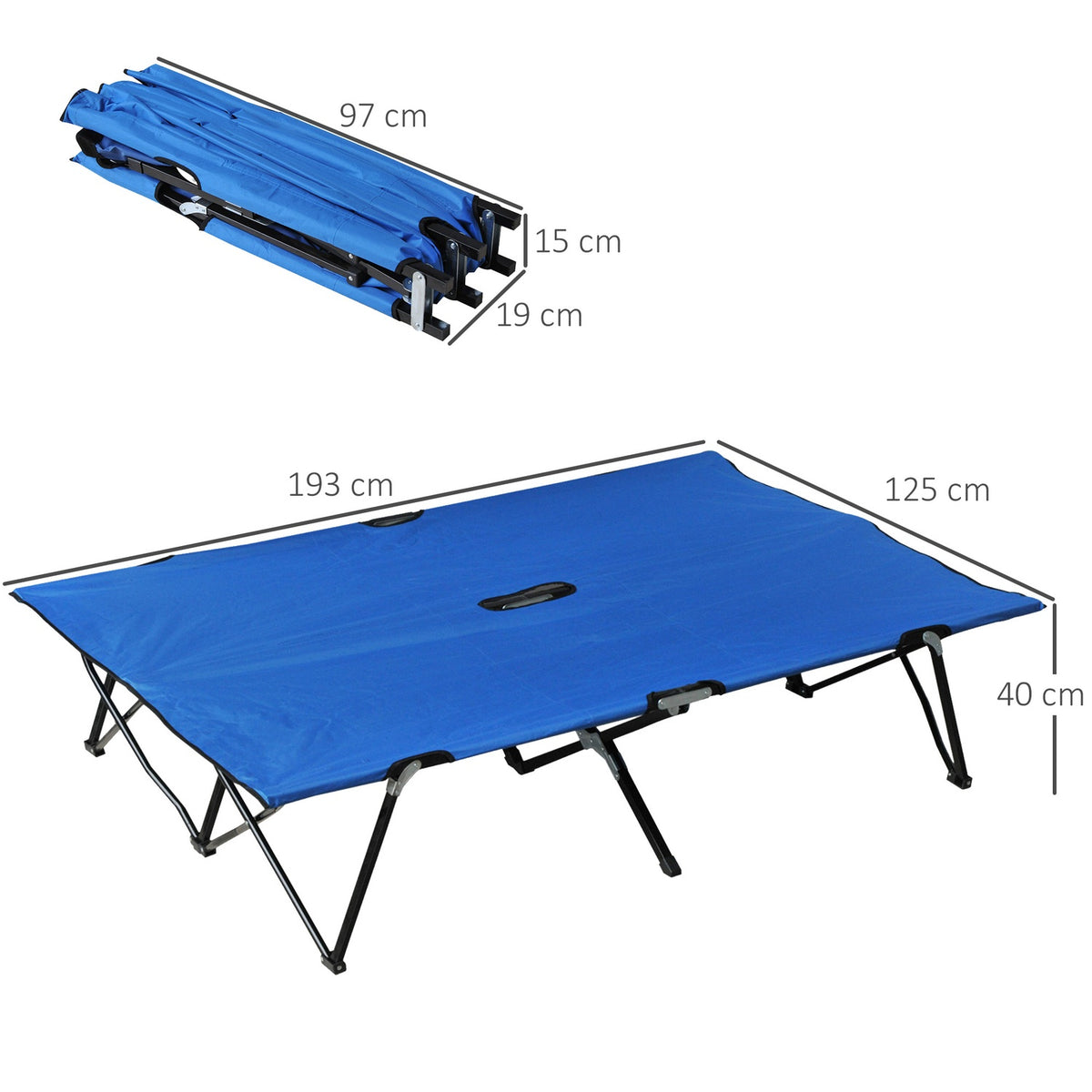 Folding Camping Bed For 2 People, Camp Bed With Carry Bag, Up To 136 Kg, Steel Oxford, Blue + Black, 193X125X40Cm
