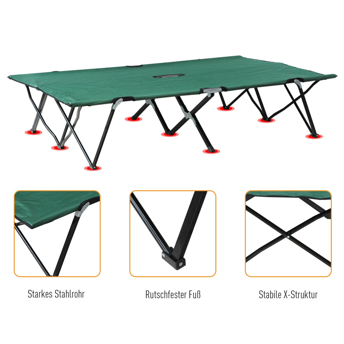 Folding Camping Bed For 2 People, Folding Camp Bed With Carrying Bag, Can Hold Up To 136 Kg, Steel Oxford Green + Black, 193 X 125 X 40 Cm