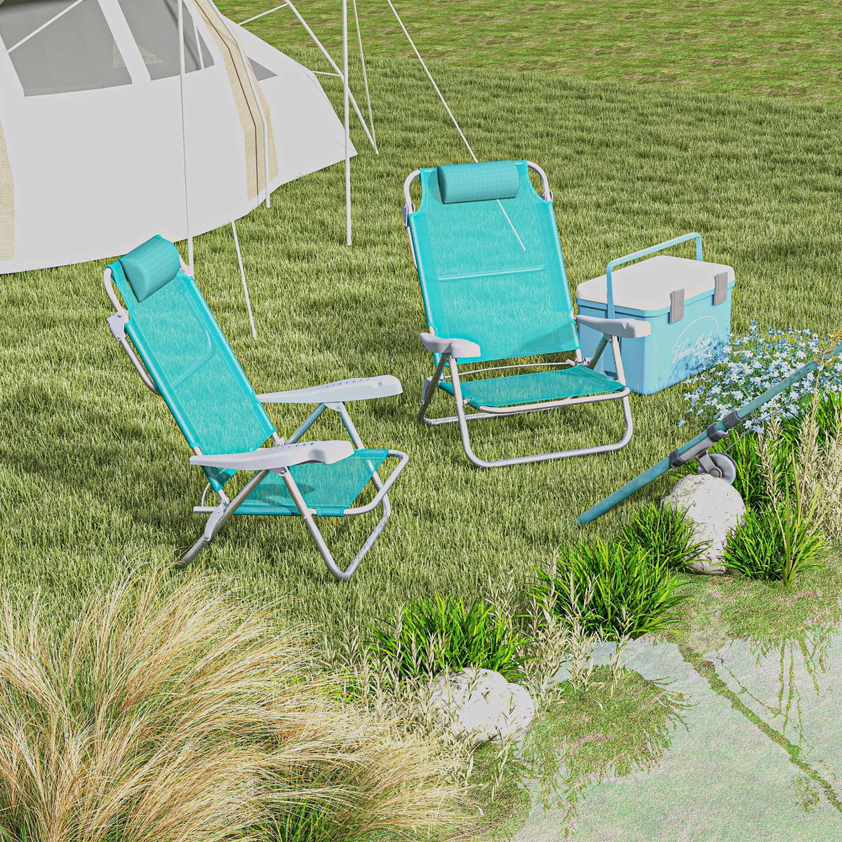 Folding Camping Chairs Set of 2, Adjustable Mesh Back, Turquoise