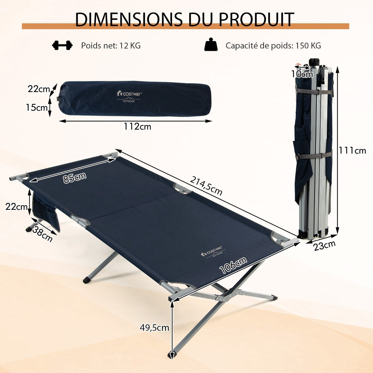 Folding Camping Cot With Carry Bag, 150 kg