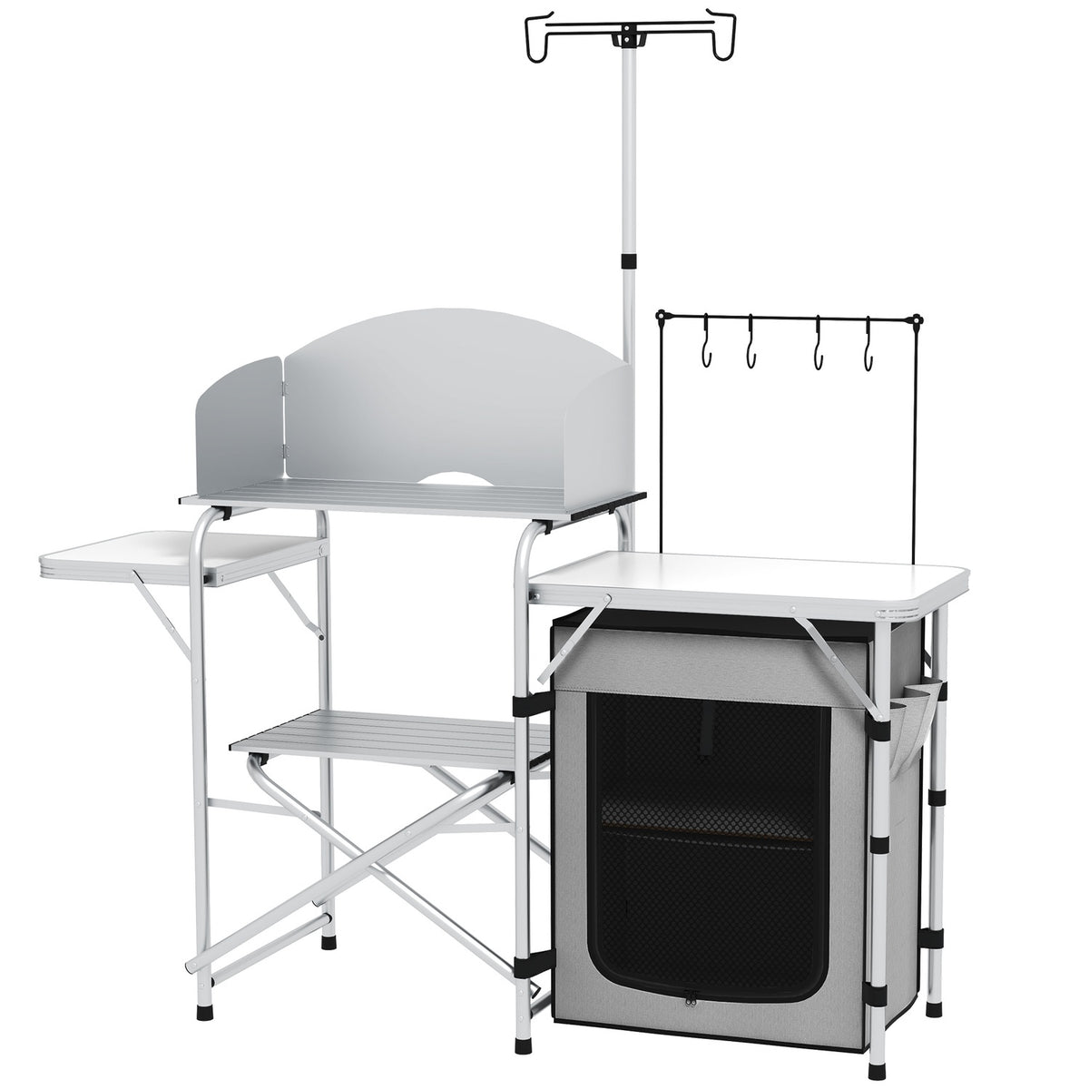 Folding Camping Kitchen, Outdoor Kitchen With Uv Protection, Wind Protection, Cupboard Compartment, 3 Worktops, Light Stand, Aluminum