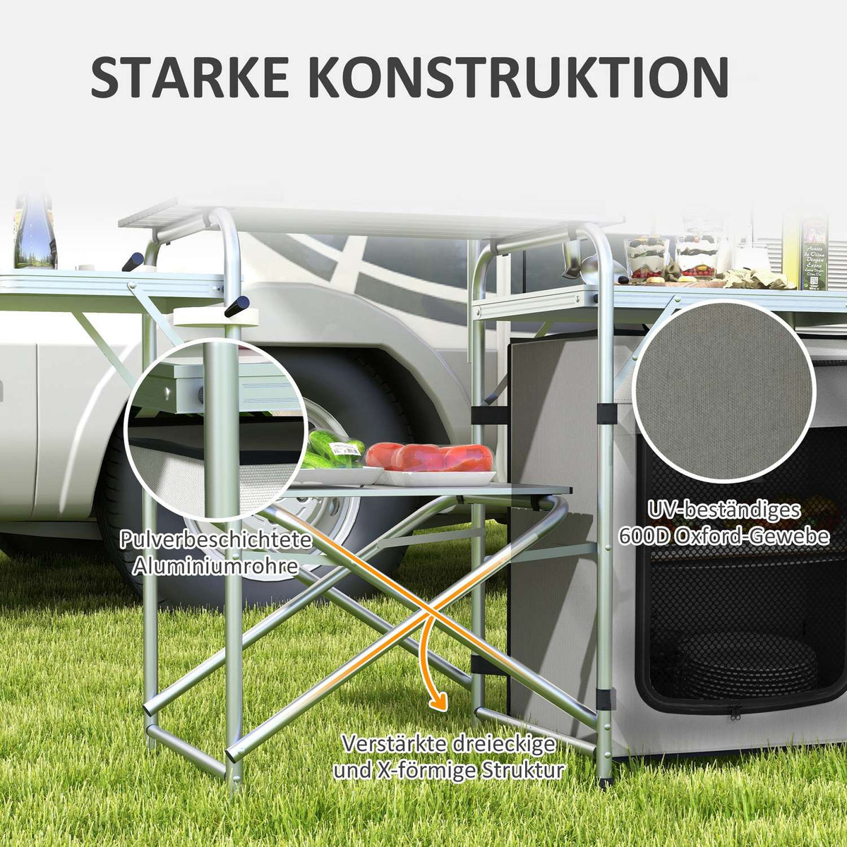 Folding Camping Kitchen, Outdoor Kitchen With Uv Protection, Wind Protection, Cupboard Compartment, 3 Worktops, Light Stand, Aluminum