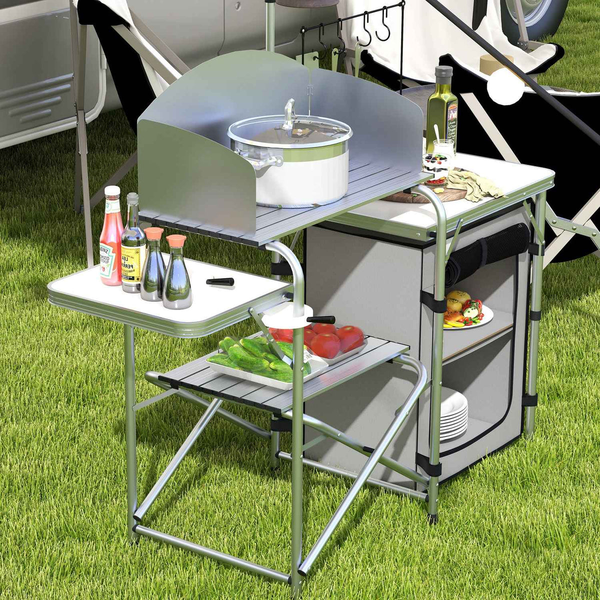 Folding Camping Kitchen, Outdoor Kitchen With Uv Protection, Wind Protection, Cupboard Compartment, 3 Worktops, Light Stand, Aluminum