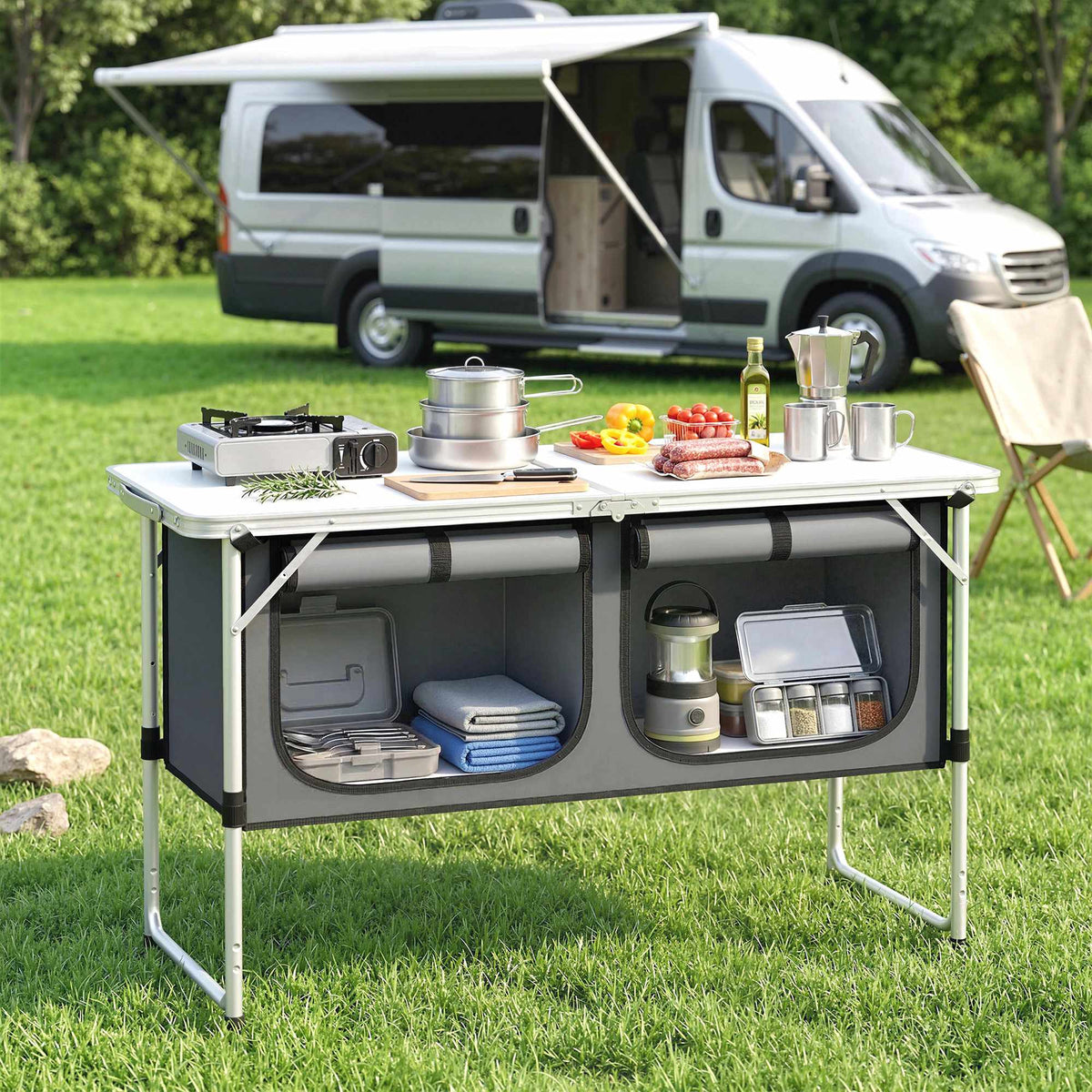 Folding Camping Kitchen with Aluminum Frame and Storage