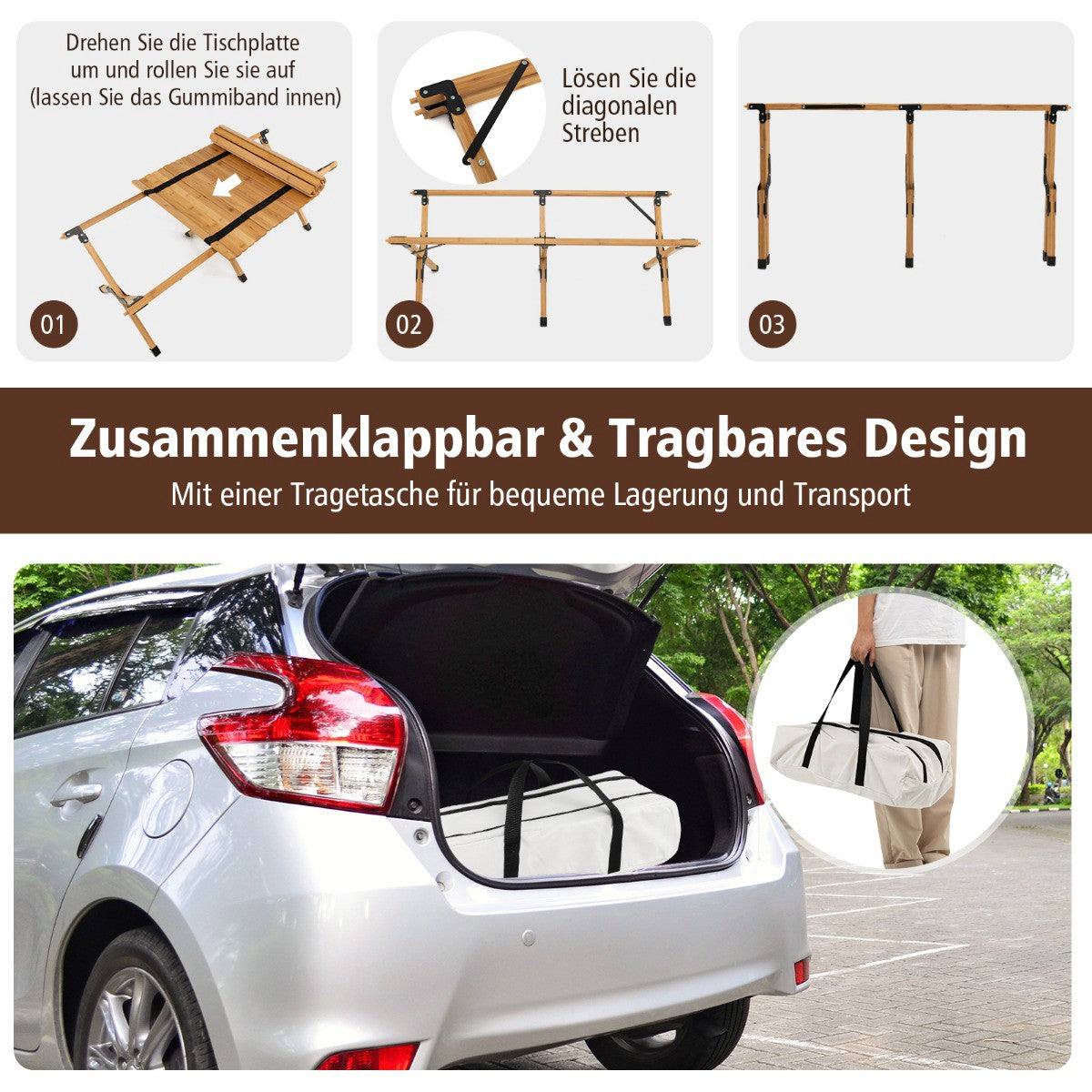 Folding Camping Table, Bamboo, Carry Bag, 122x60cm