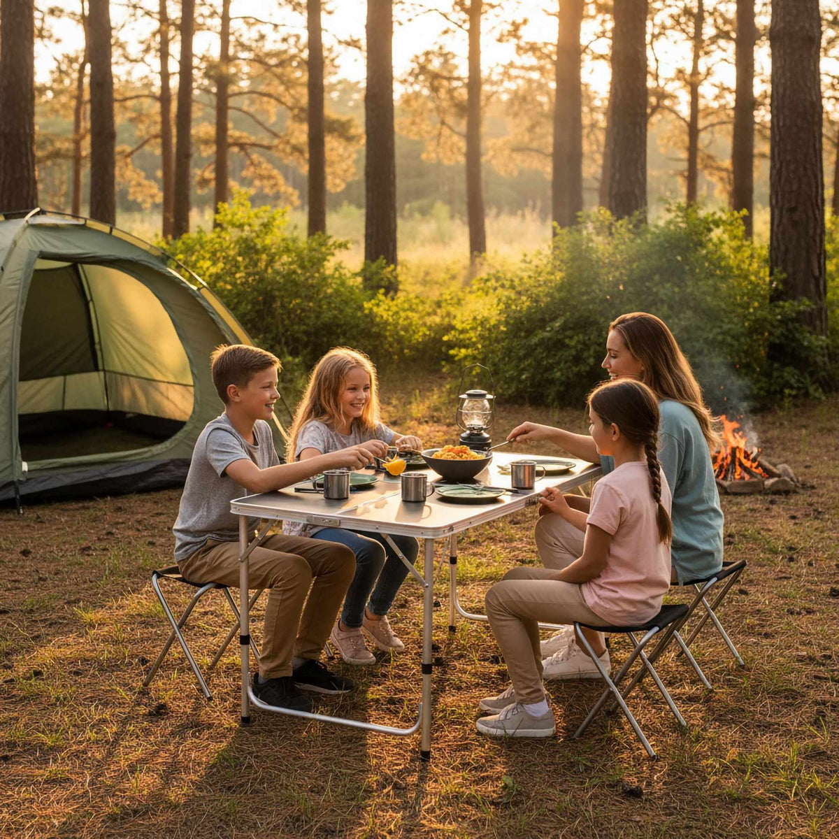 Folding Camping Table with 4 Stools, Adjustable Height