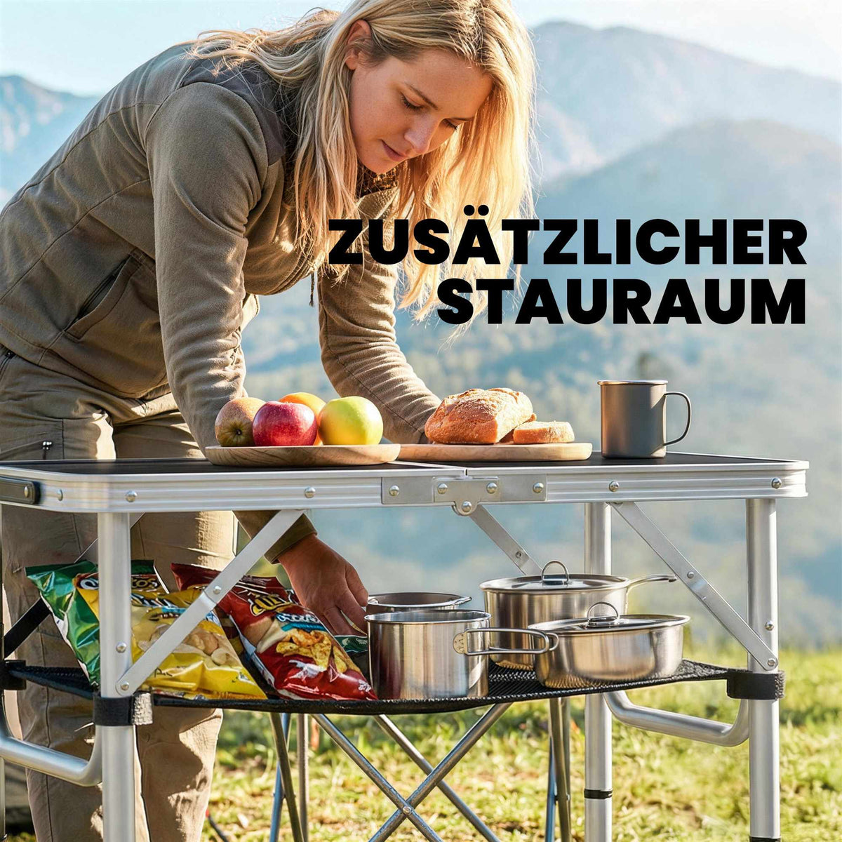 Folding Camping Table with Mesh, Adjustable Heights, Aluminum