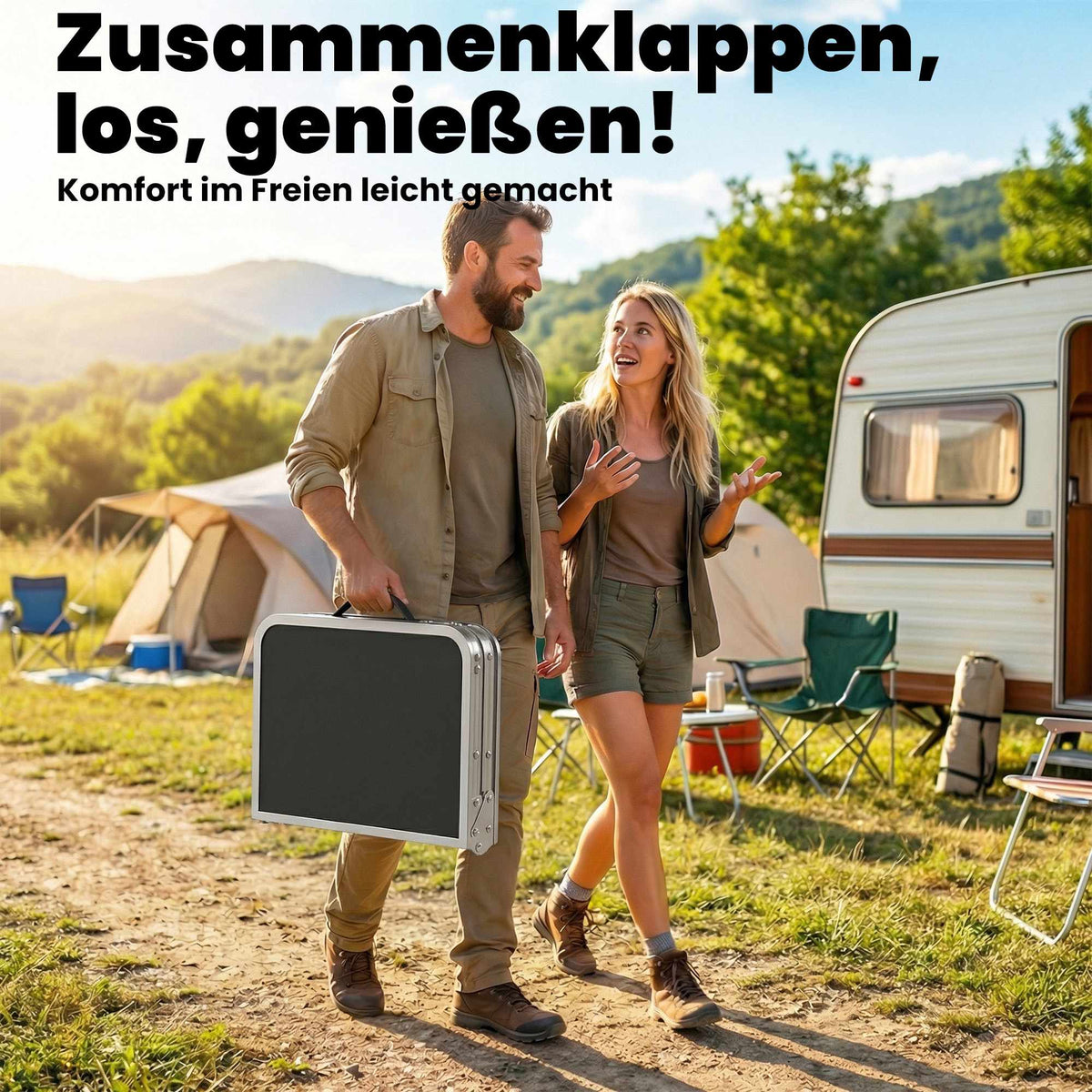 Folding Camping Table with Mesh, Adjustable Heights, Aluminum