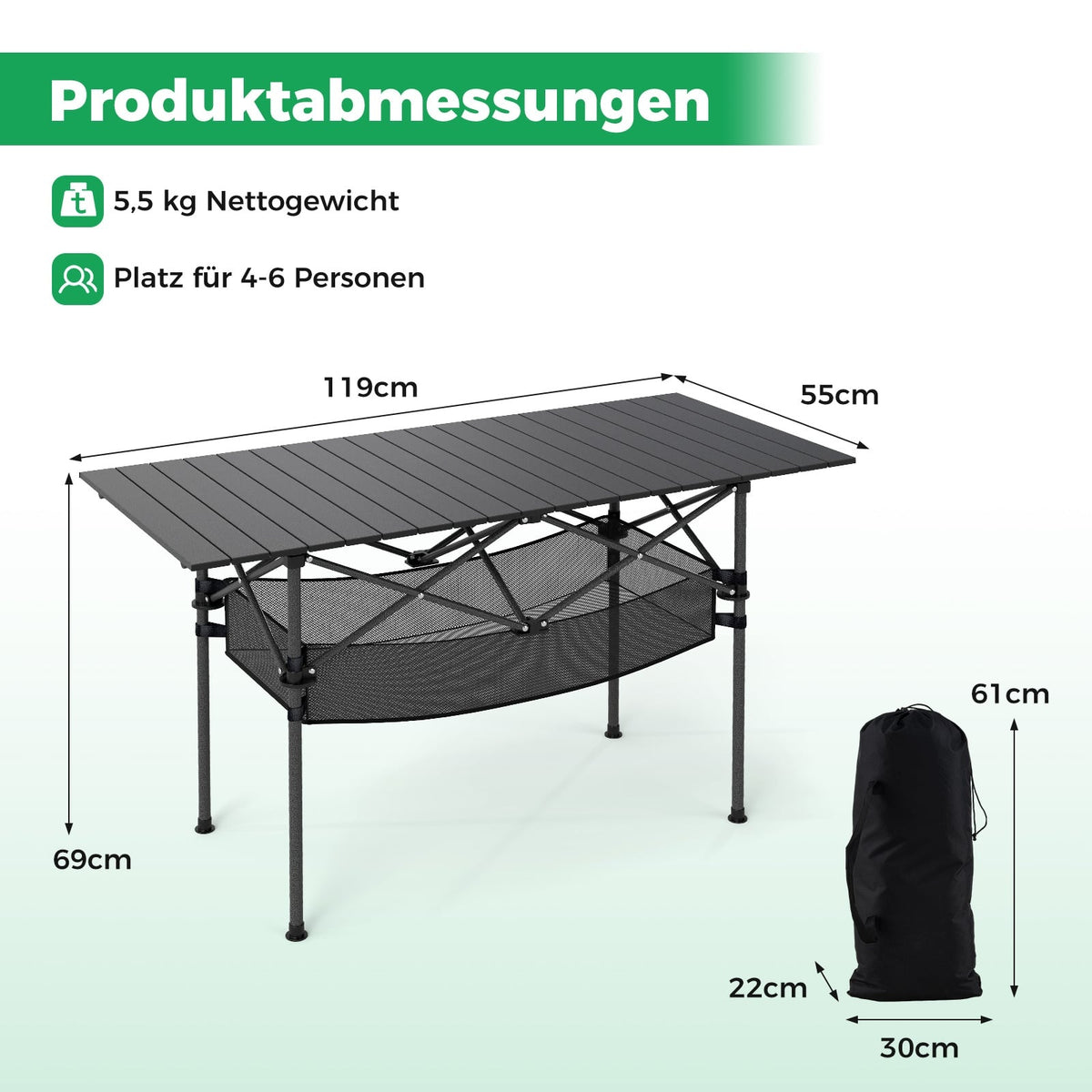 Folding Camping Table with Roll-Up Aluminum Top, Black