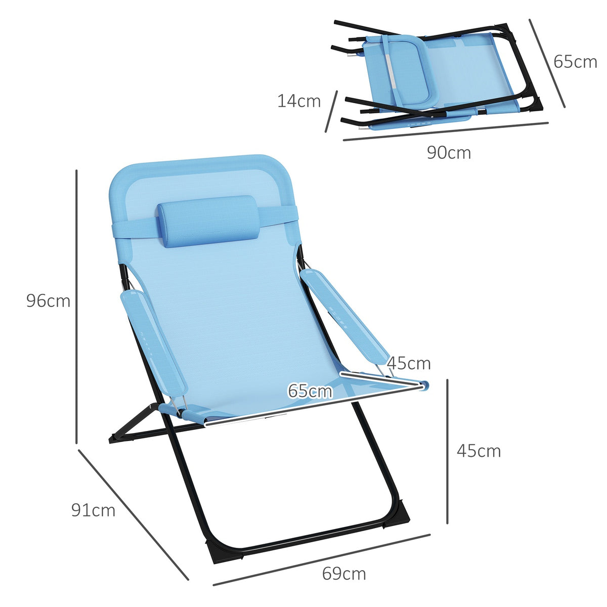 Folding Chair Garden Chair Adjustable Backrest Camping Chair Pillow 120Kg Mesh Blue