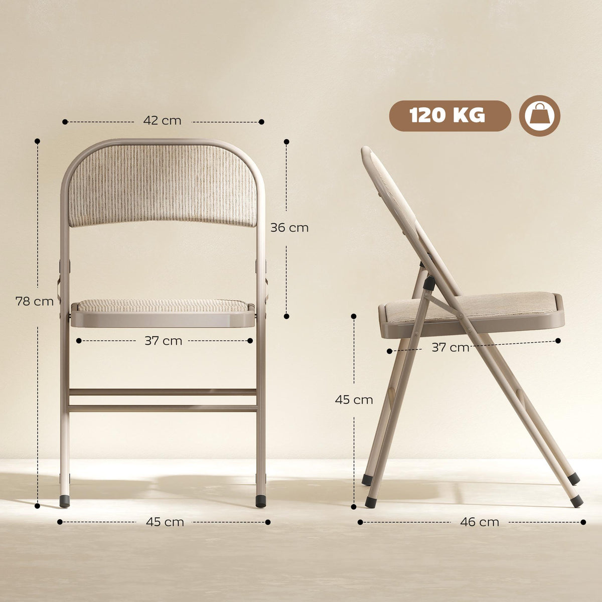 Folding Chairs 2-Pack, Metal Legs, Linen Look, Beige