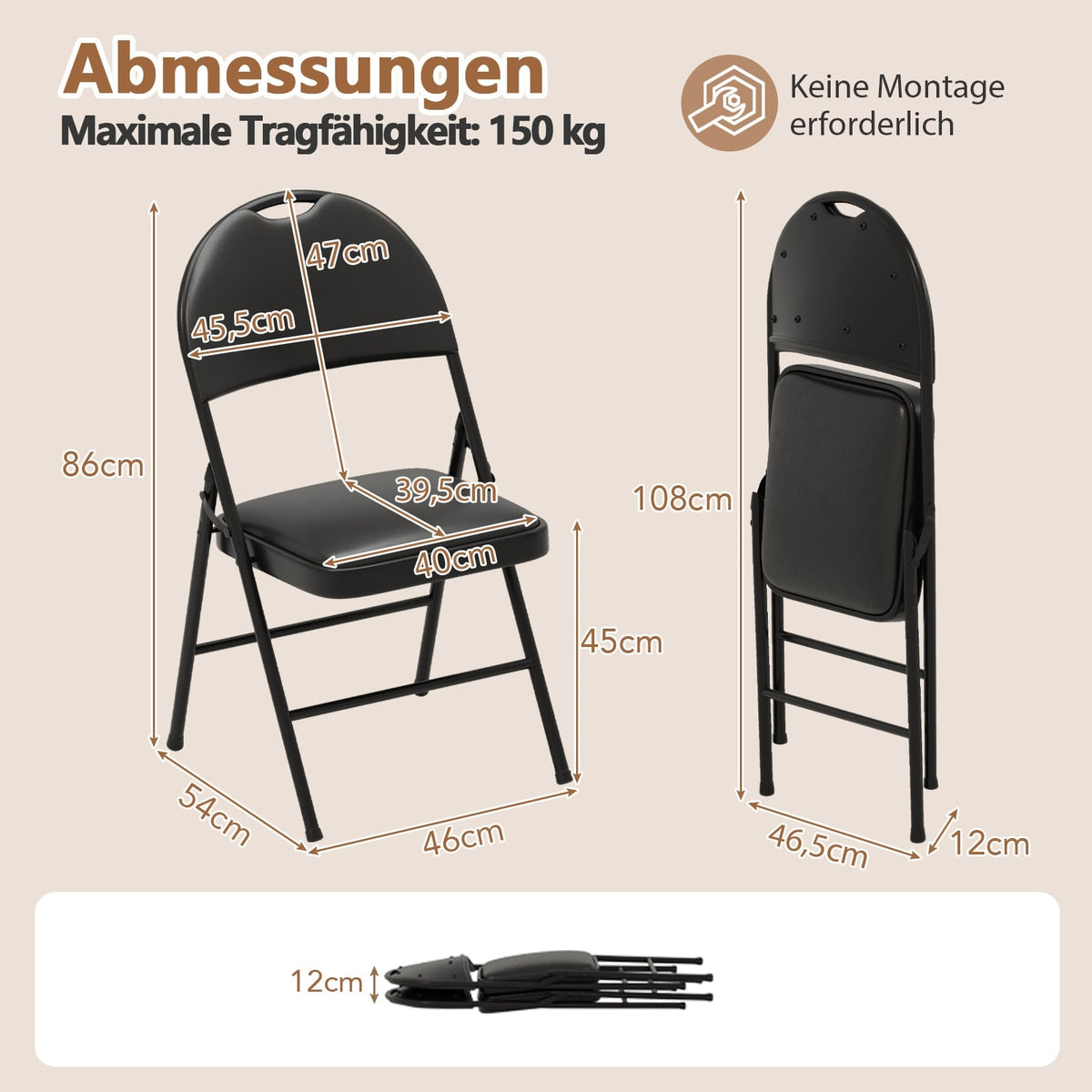 Folding Chairs Set of 2, Padded, Metal Frame, PVC Leather