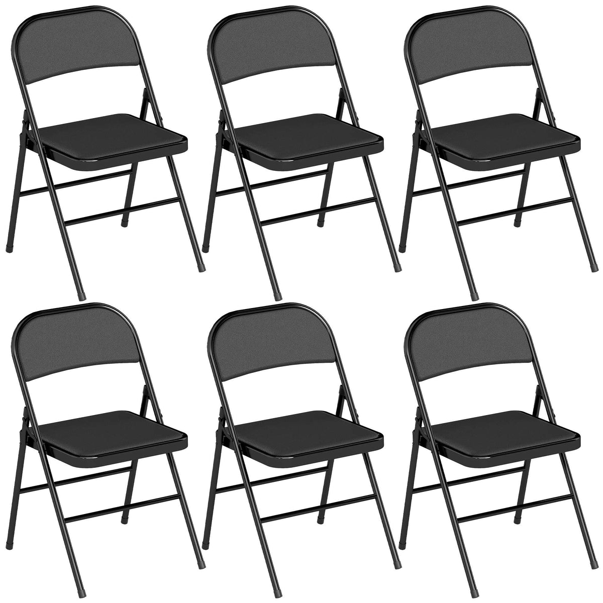 Folding Chairs Set of 6, Black Faux Leather, Steel Frame
