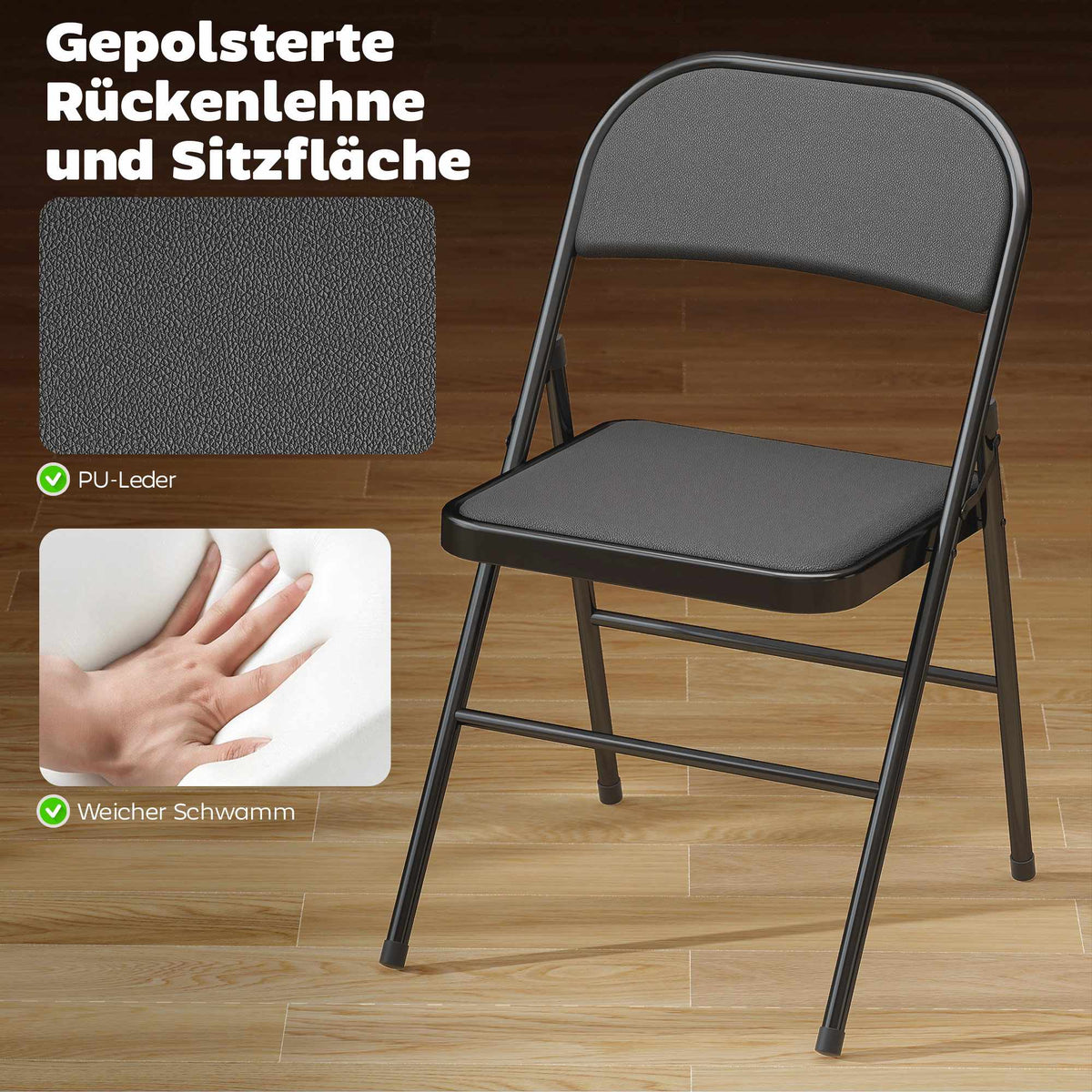 Folding Chairs Set of 6, Black Faux Leather, Steel Frame