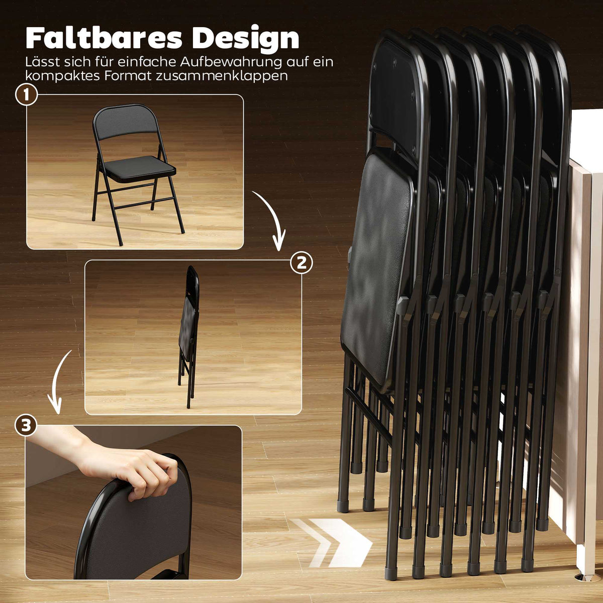 Folding Chairs Set of 6, Black Faux Leather, Steel Frame