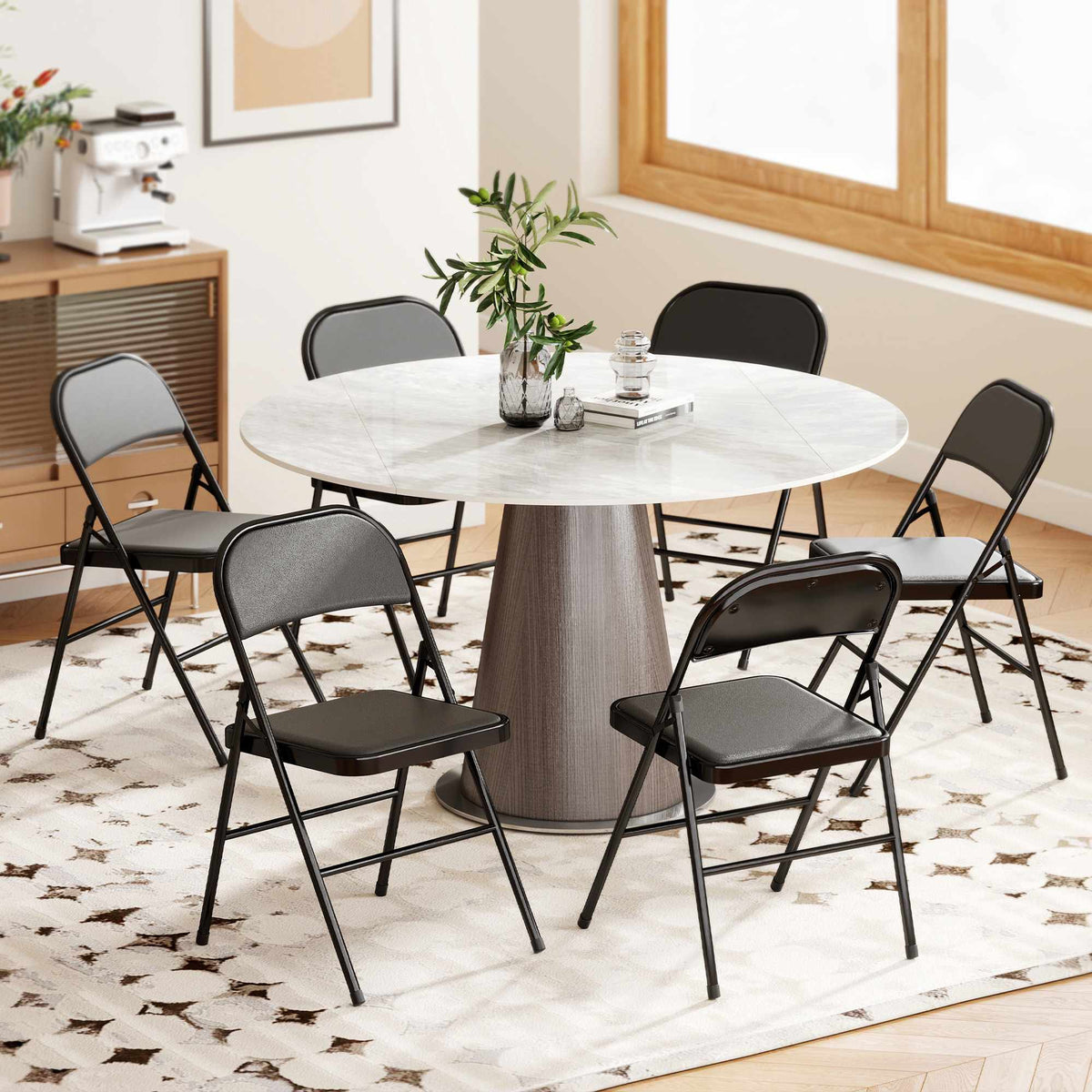 Folding Chairs Set of 6, Black Faux Leather, Steel Frame