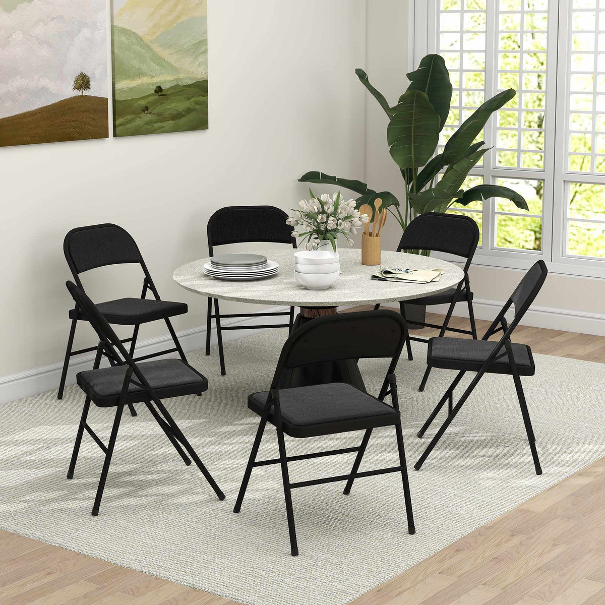 Folding Chairs Set of 6, Black, Steel Frame, Linen Look