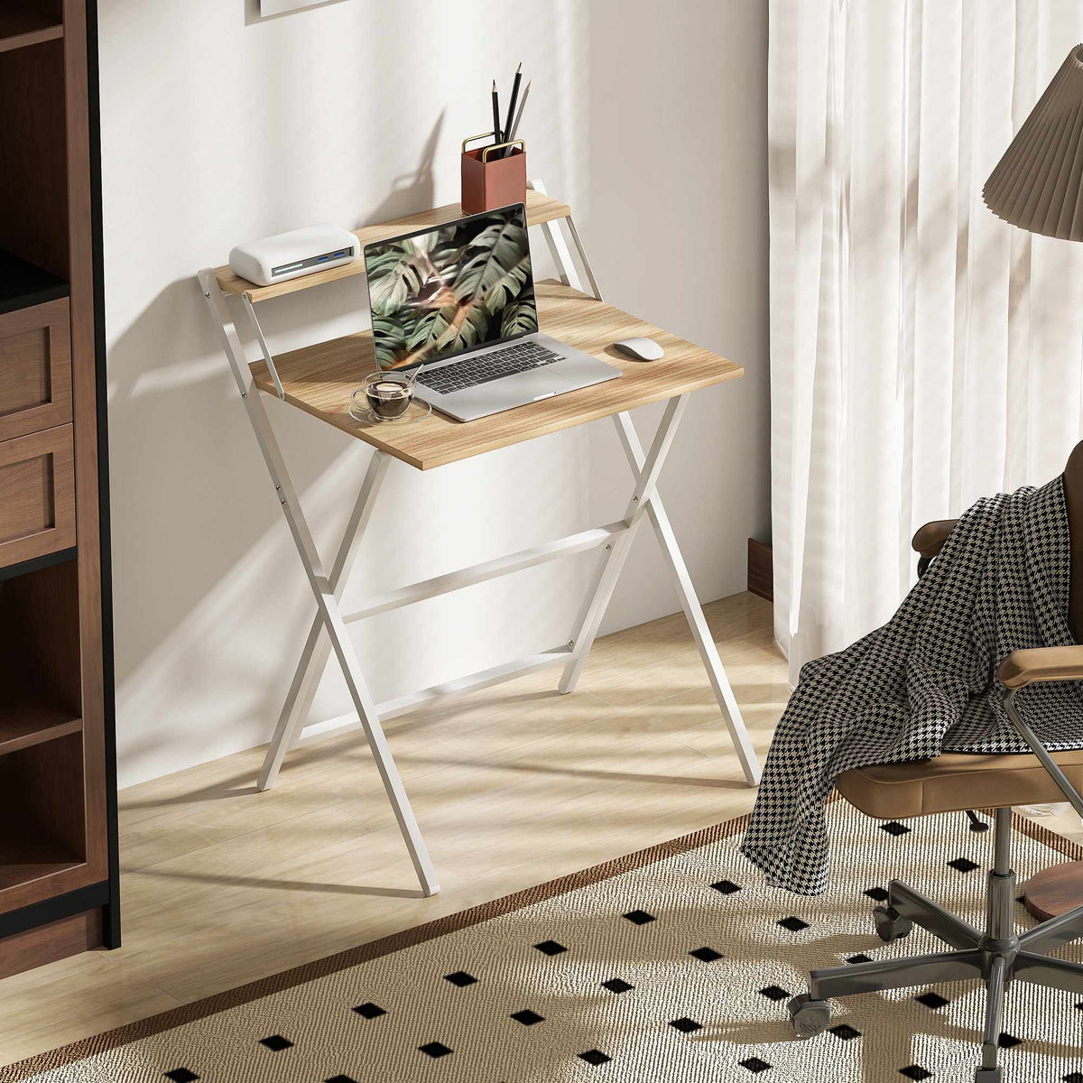 Folding Desk with Monitor Stand, 70 cm, Natural Wood