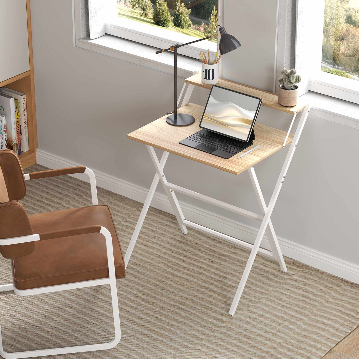 Folding Desk with Monitor Stand, 70 cm, Natural Wood