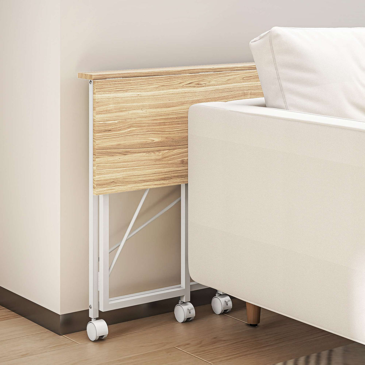 Folding Desk with Wheels, Space-Saving, Steel MDF, Natural