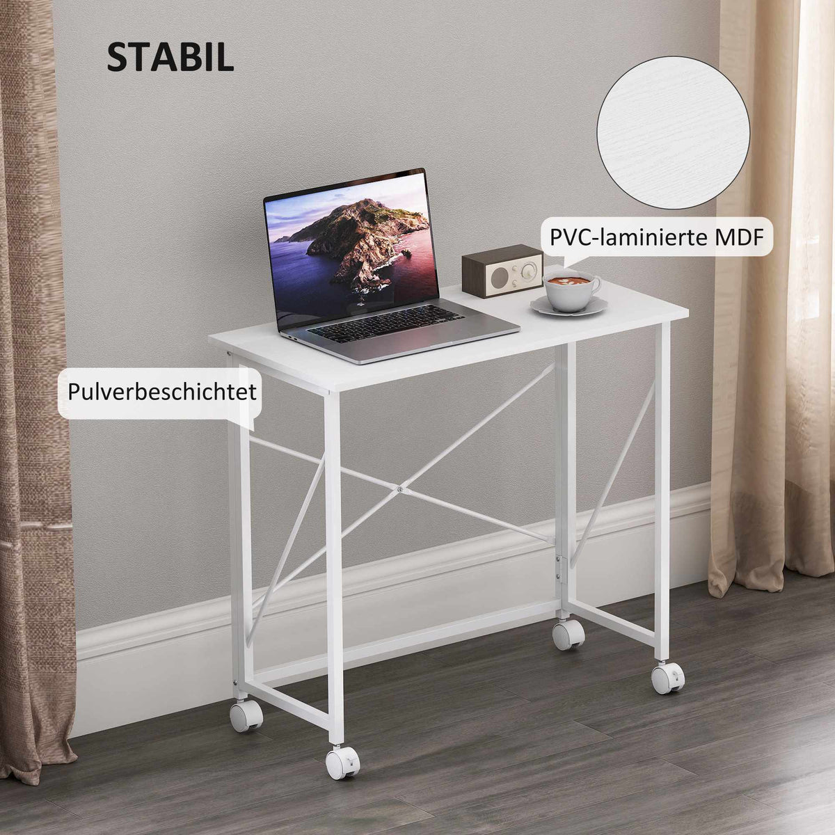 Folding Desk with Wheels, Steel Frame, 80x40x75 cm, White
