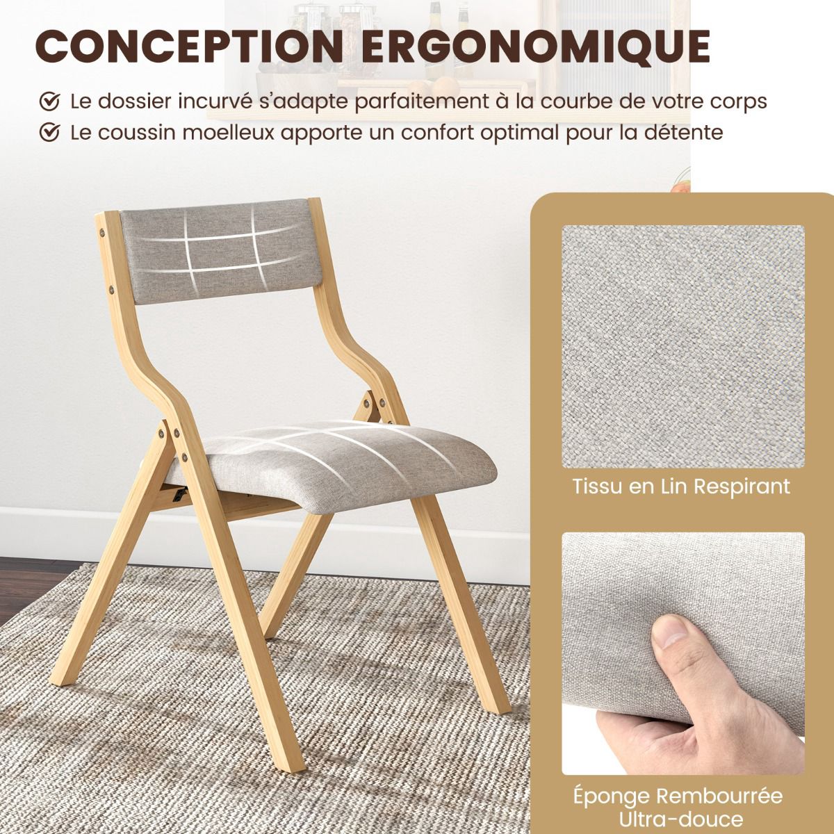 Folding Dining Chairs, Set of 2, Linen, Solid Wood