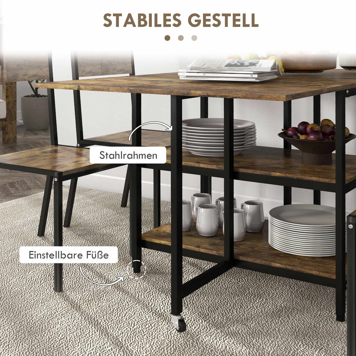Folding Dining Table, Industrial Design, 140x80x75 cm, Brown/Black