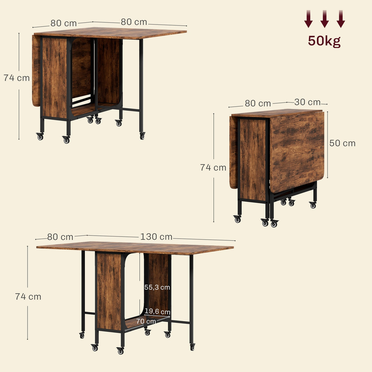 Folding Dining Table Kitchen Table for 6 People with Open Shelf Mobile Folding Table Dining Room Table for Small Rooms, Dining Room, Kitchen 130 x 80 x 74 cm Rustic Brown
