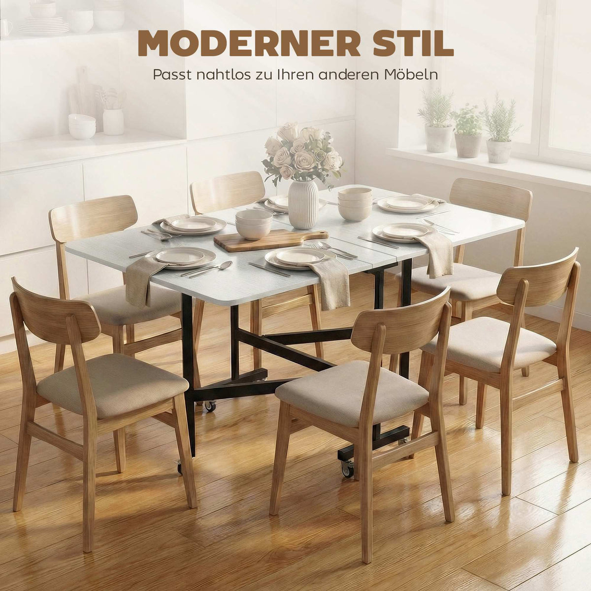 Folding Dining Table, Seats 6, Steel Frame, White