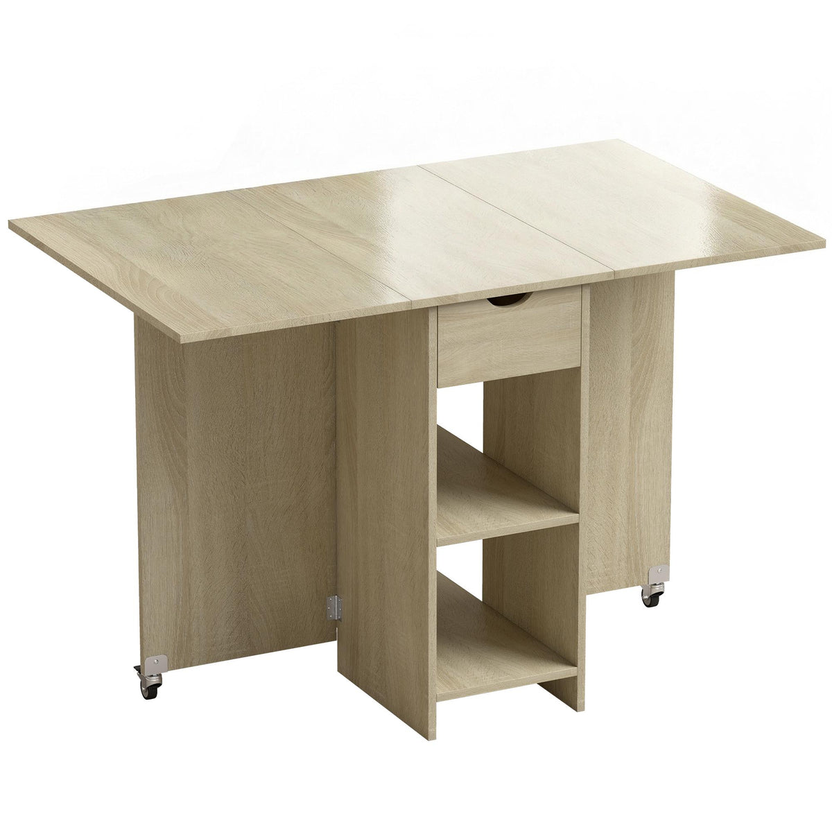 Folding Dining Table for 2-4, Rolling with Drawer, Natural Wood