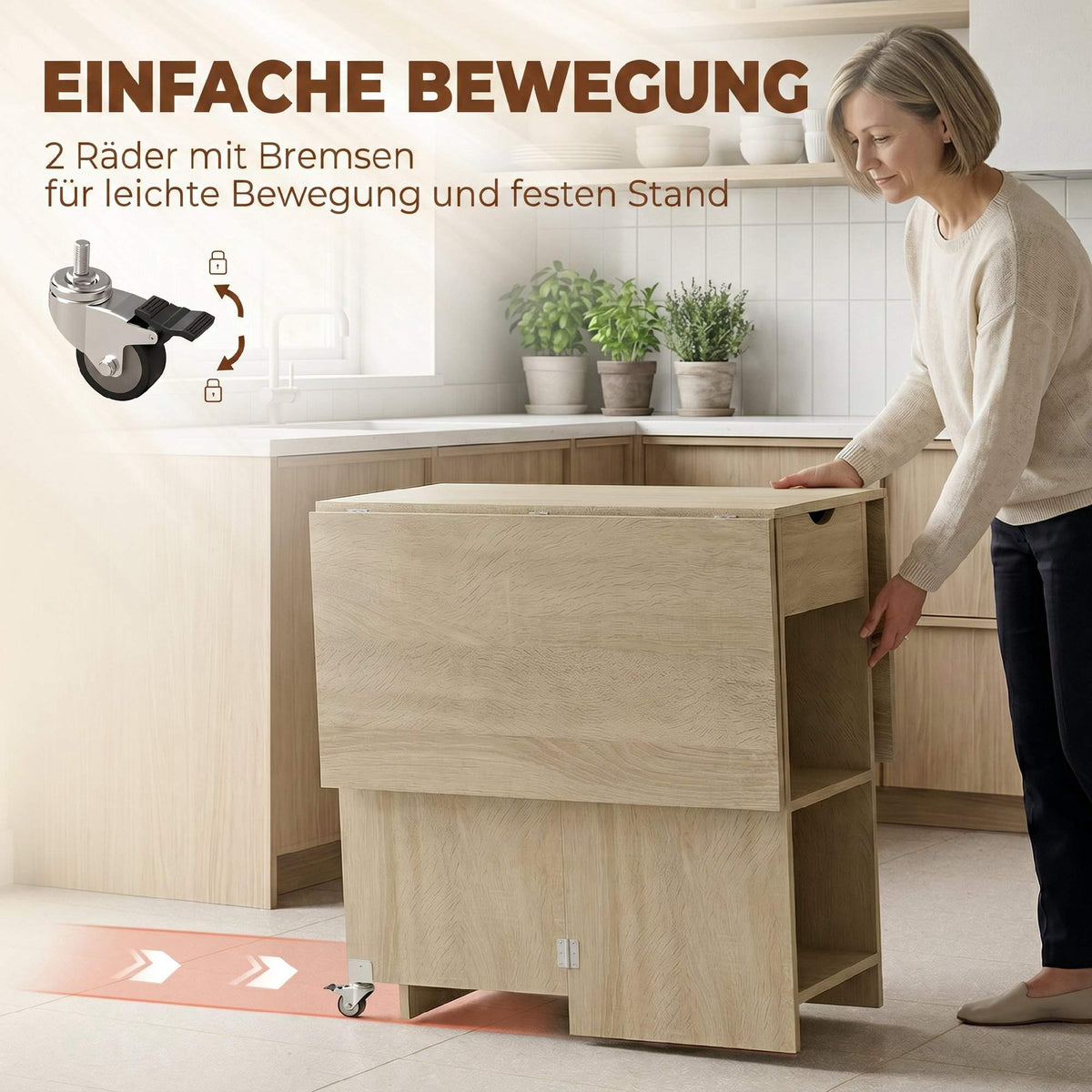 Folding Dining Table for 2-4, Rolling with Drawer, Natural Wood