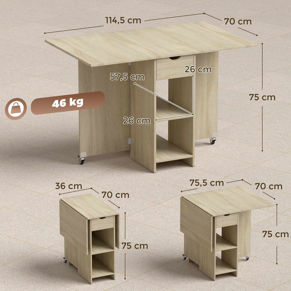 Folding Dining Table for 2-4, Rolling with Drawer, Natural Wood