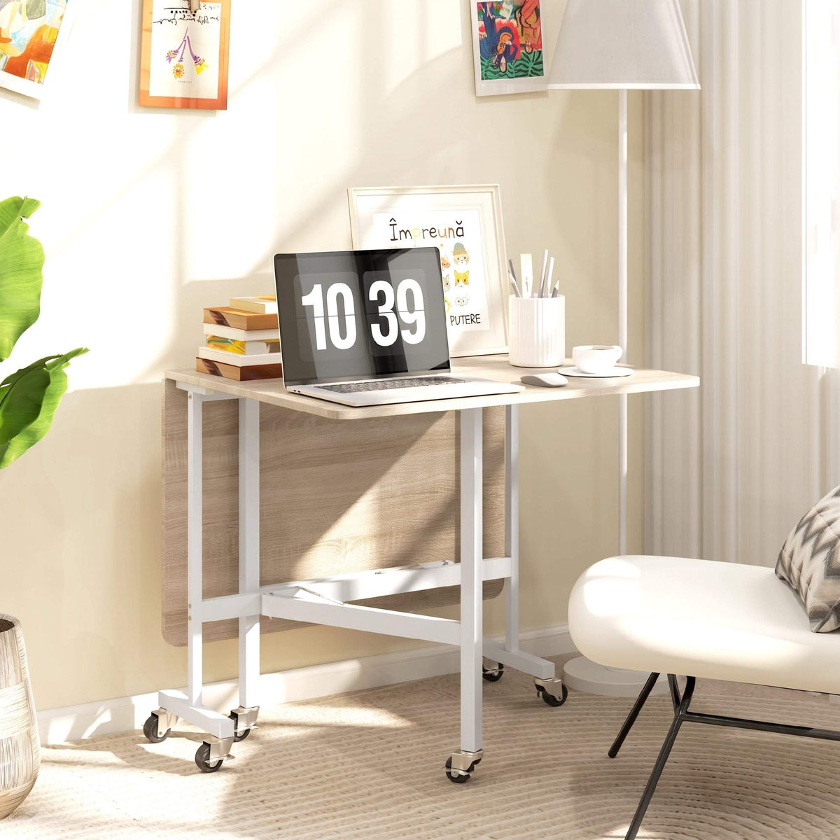 Folding Dining Table for 6, Oak, 6 Locking Casters