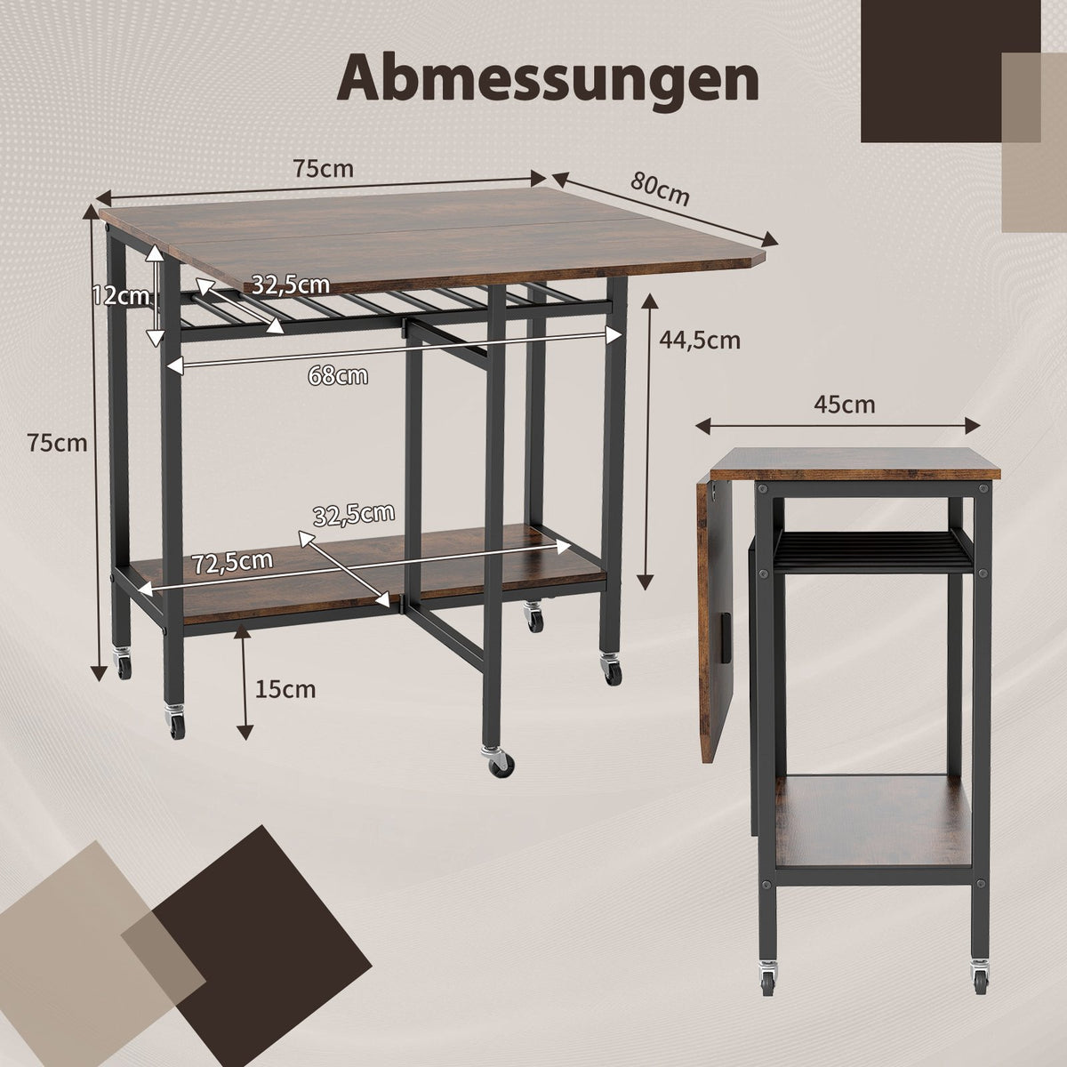 Folding Dining Table with Wheels & Wine Rack, Rustic Brown