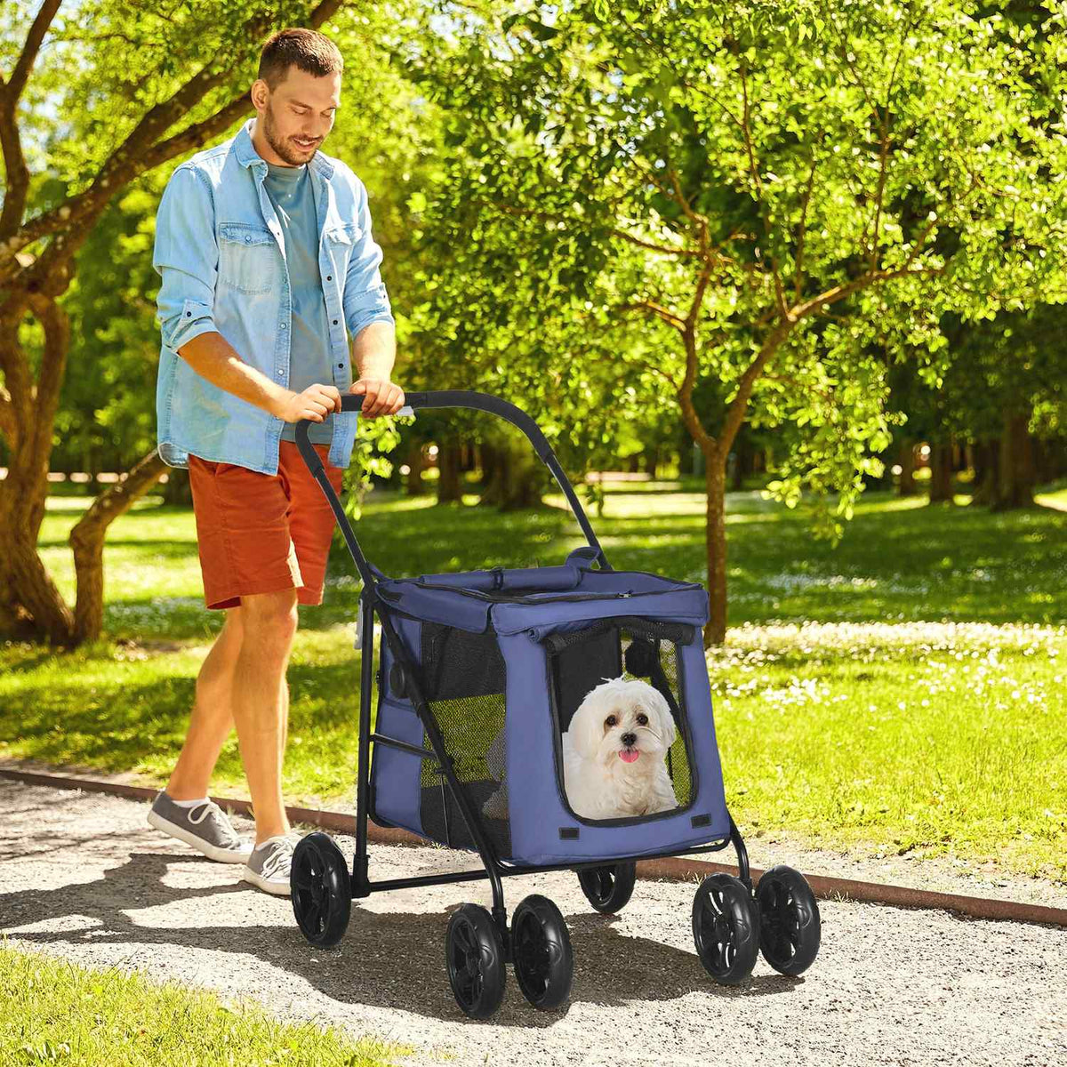 Folding Dog Stroller With Cushion, Side Pockets, Mesh Window, For Small And Medium Dogs Up To 20Kg, Oxford Cloth, Blue