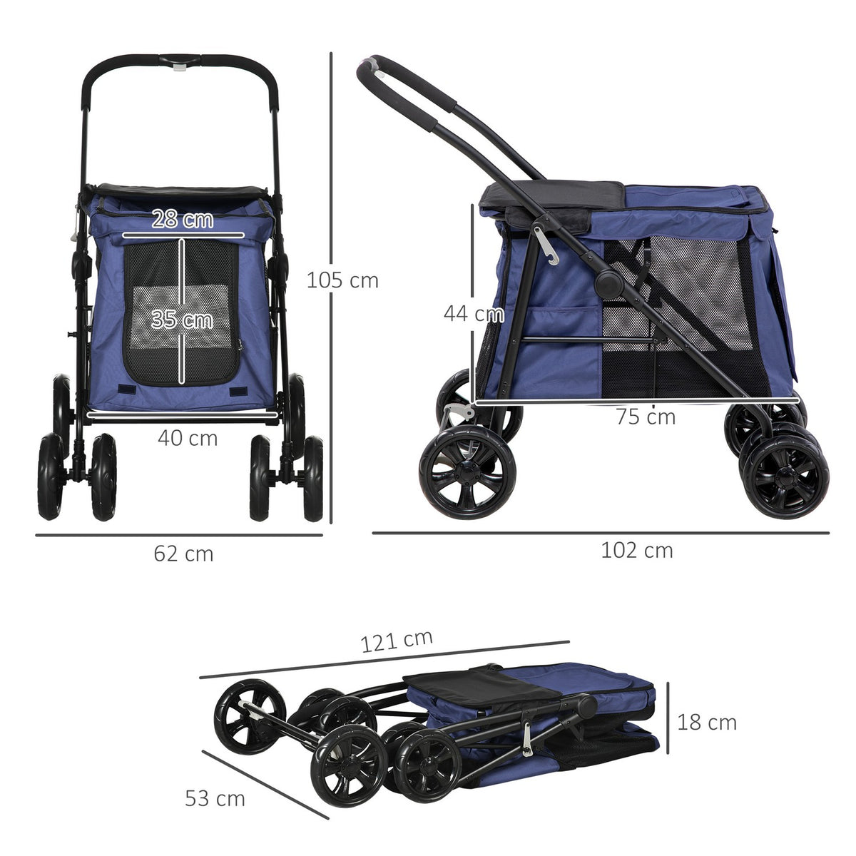 Folding Dog Stroller With Cushion, Side Pockets, Mesh Window, For Small And Medium Dogs Up To 20Kg, Oxford Cloth, Blue