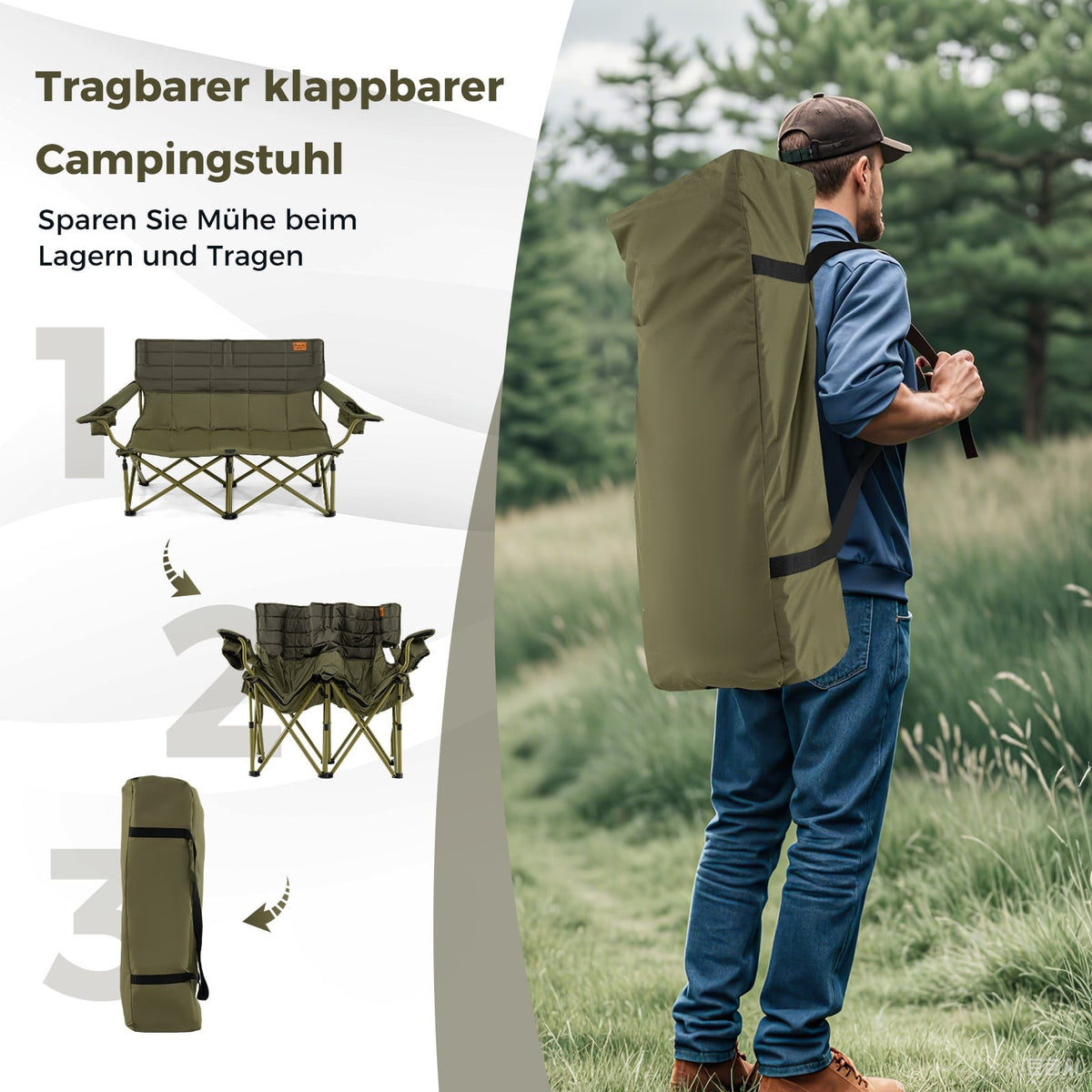 Folding Double Camping Chair for 2 with Adjustable Armrests