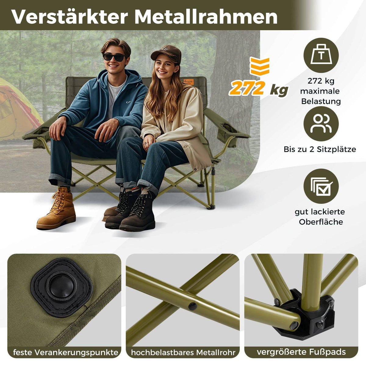 Folding Double Camping Chair for 2 with Adjustable Armrests