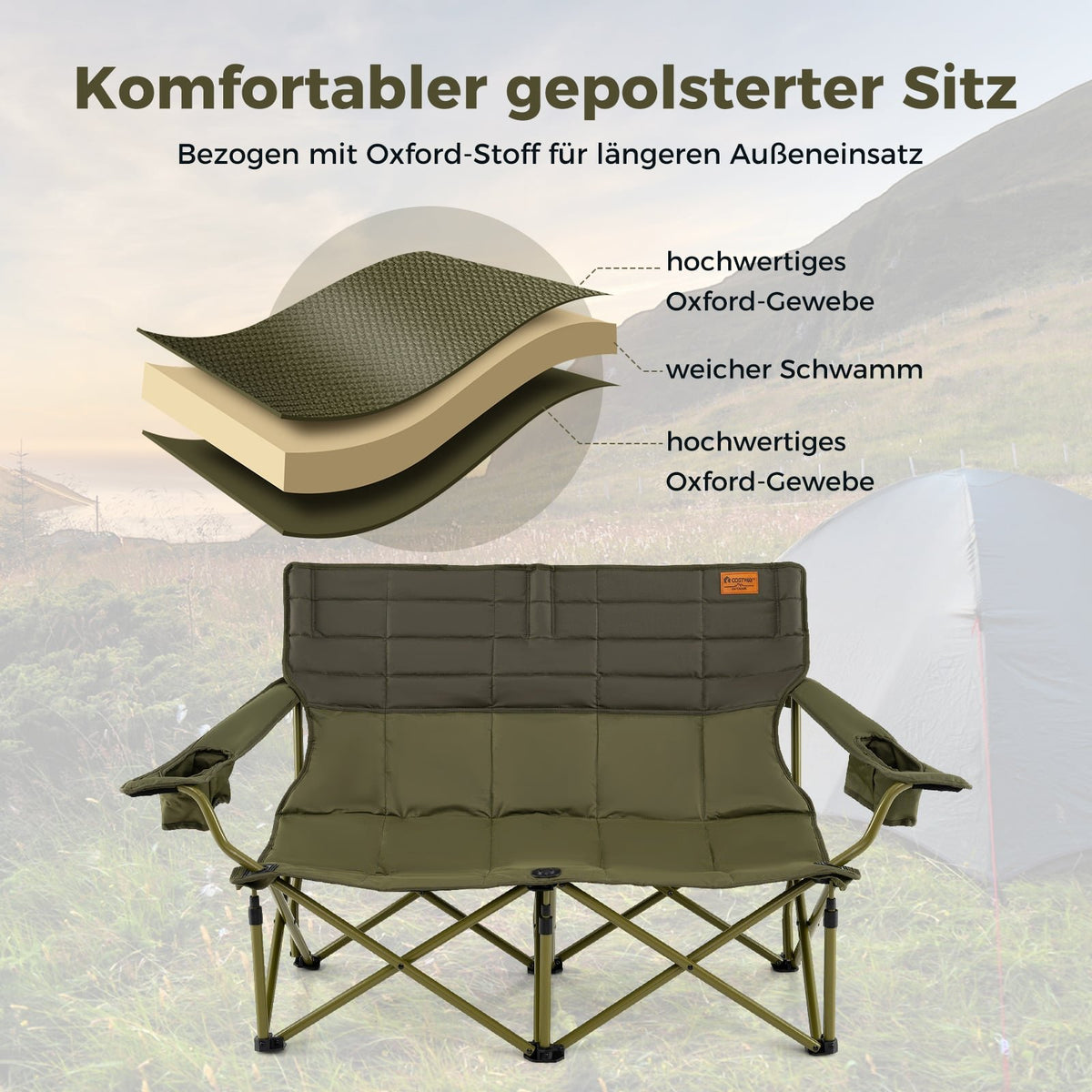 Folding Double Camping Chair for 2 with Adjustable Armrests