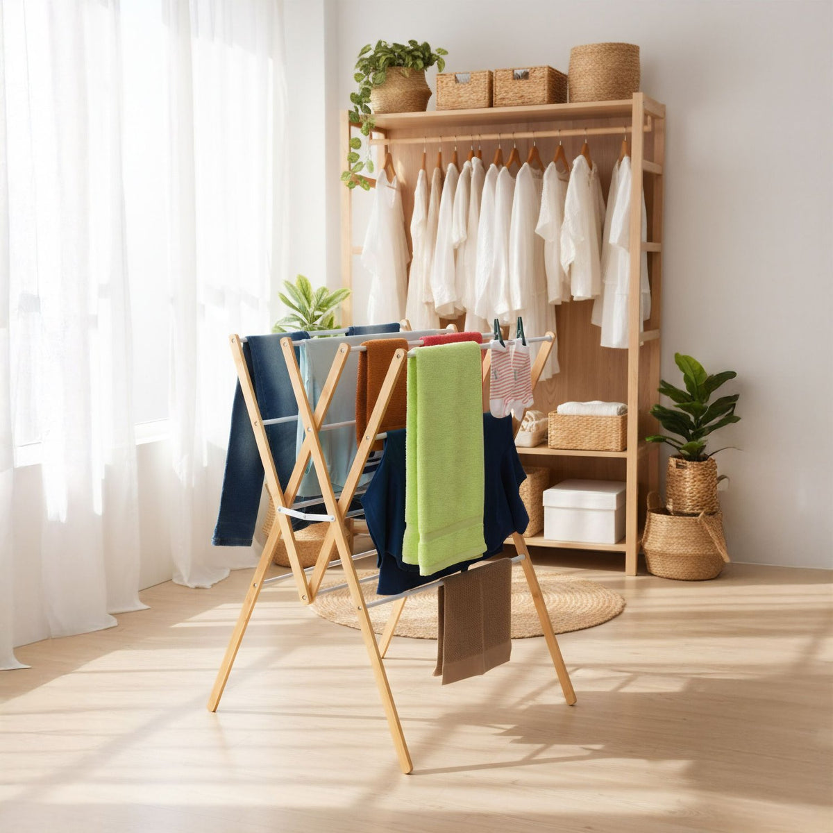 Folding Drying Rack – Bamboo & Metal, 4 Levels