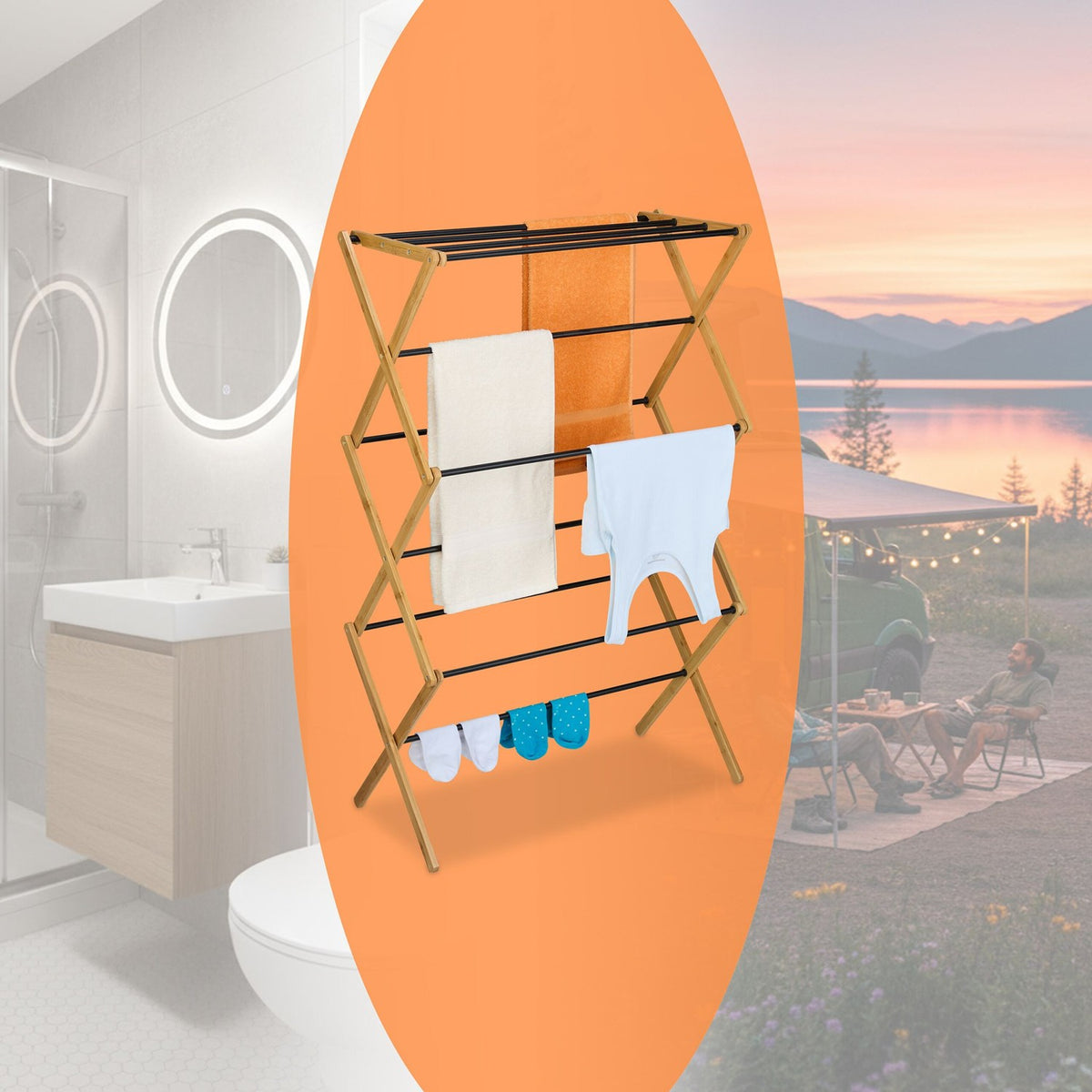 Folding Drying Rack, Bamboo & Metal, 6 Levels