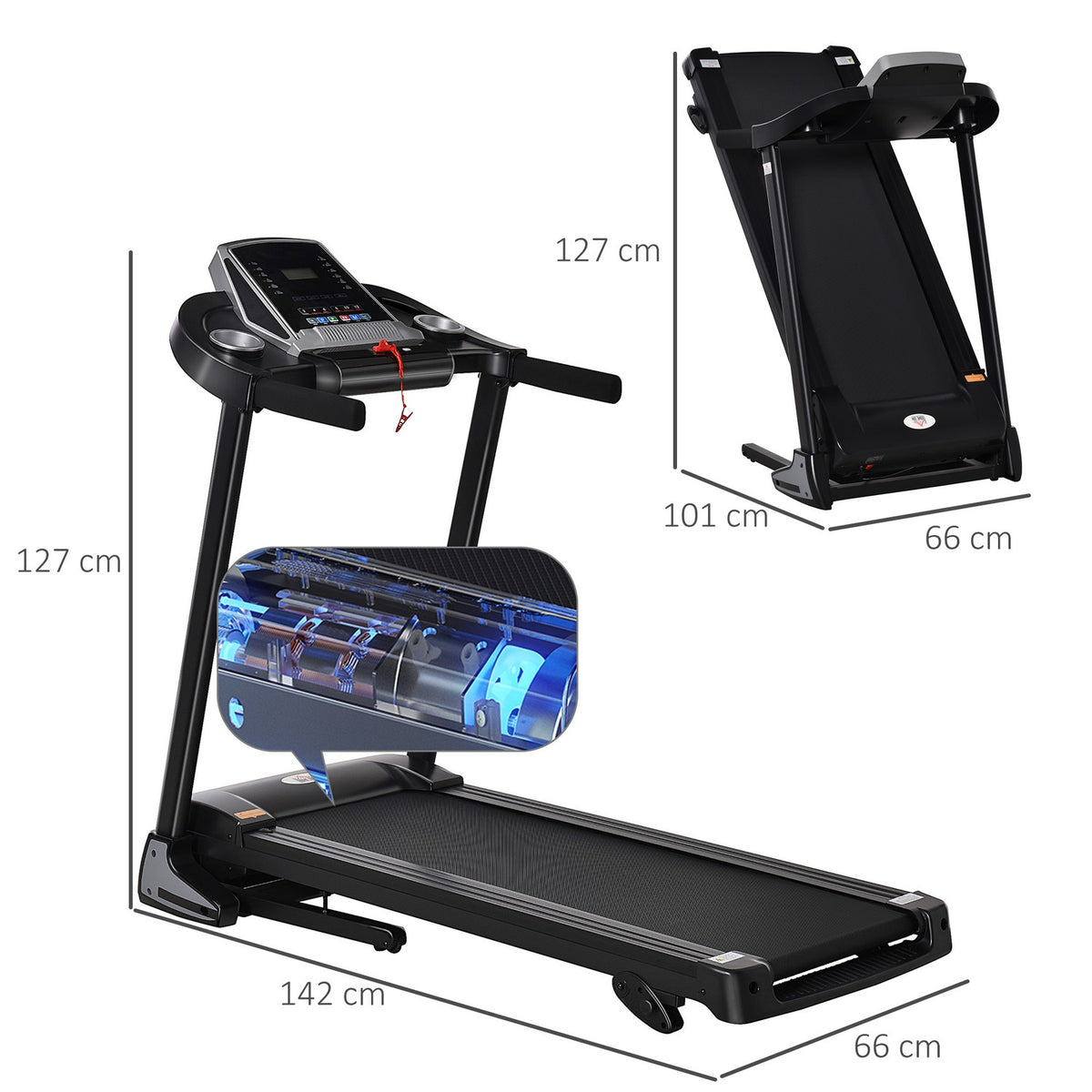Folding Electric Treadmill 500W 1-12.8 Km/H With Led Display Cup Holder And Mobile Phone Holder Steel Abs Black + Gray 142 × 66 X 127 Cm