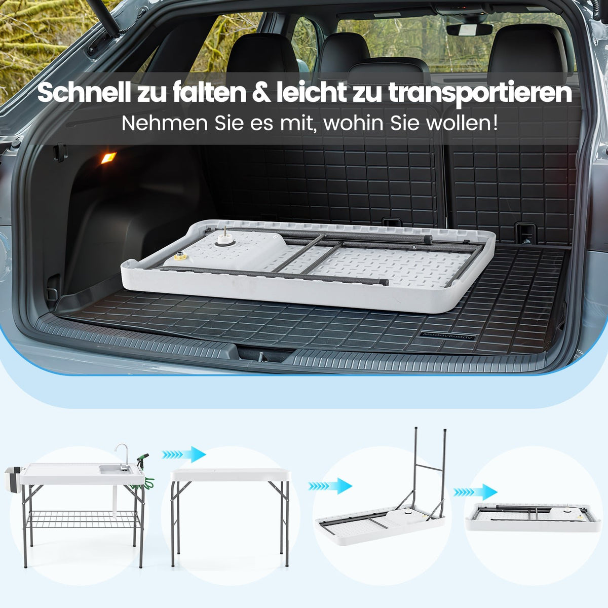 Folding Fish Cleaning Table with Sink & Shelf – White