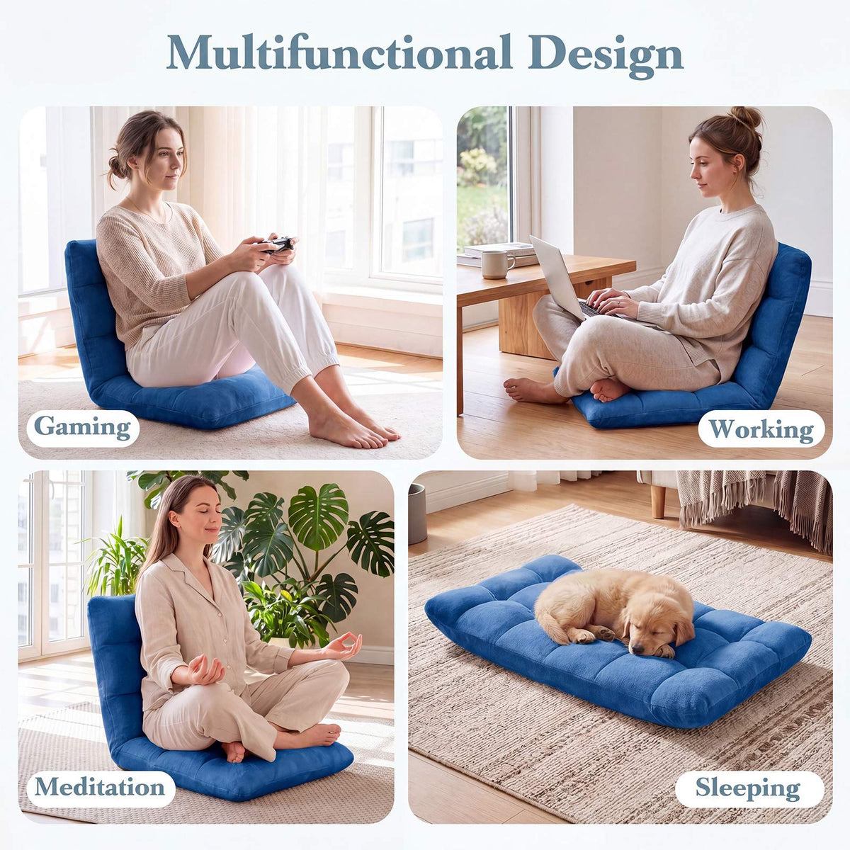 Folding Floor Chair, 14-Position Backrest, Blue